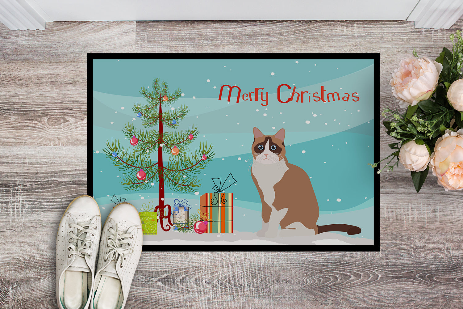 Snowshoe Cat Christmas Doormat Indoor Outdoor 18H X 27W Front Door Mat Rugs for Entryway, Non Slip Washable