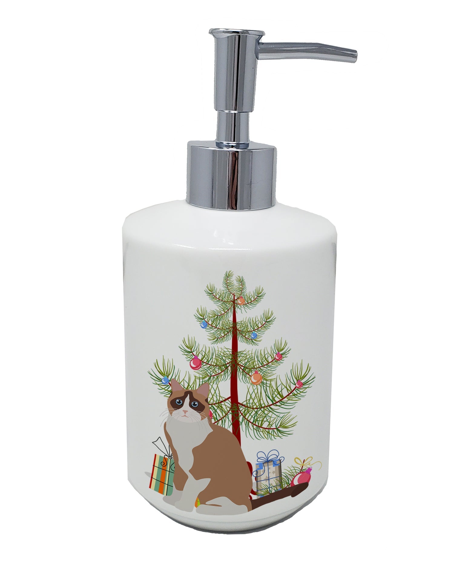 Snowshoe Cat Christmas Ceramic Soap Dispenser , Empty Refillable Hand Soap Pump Bottle for Bathroom Kitchen