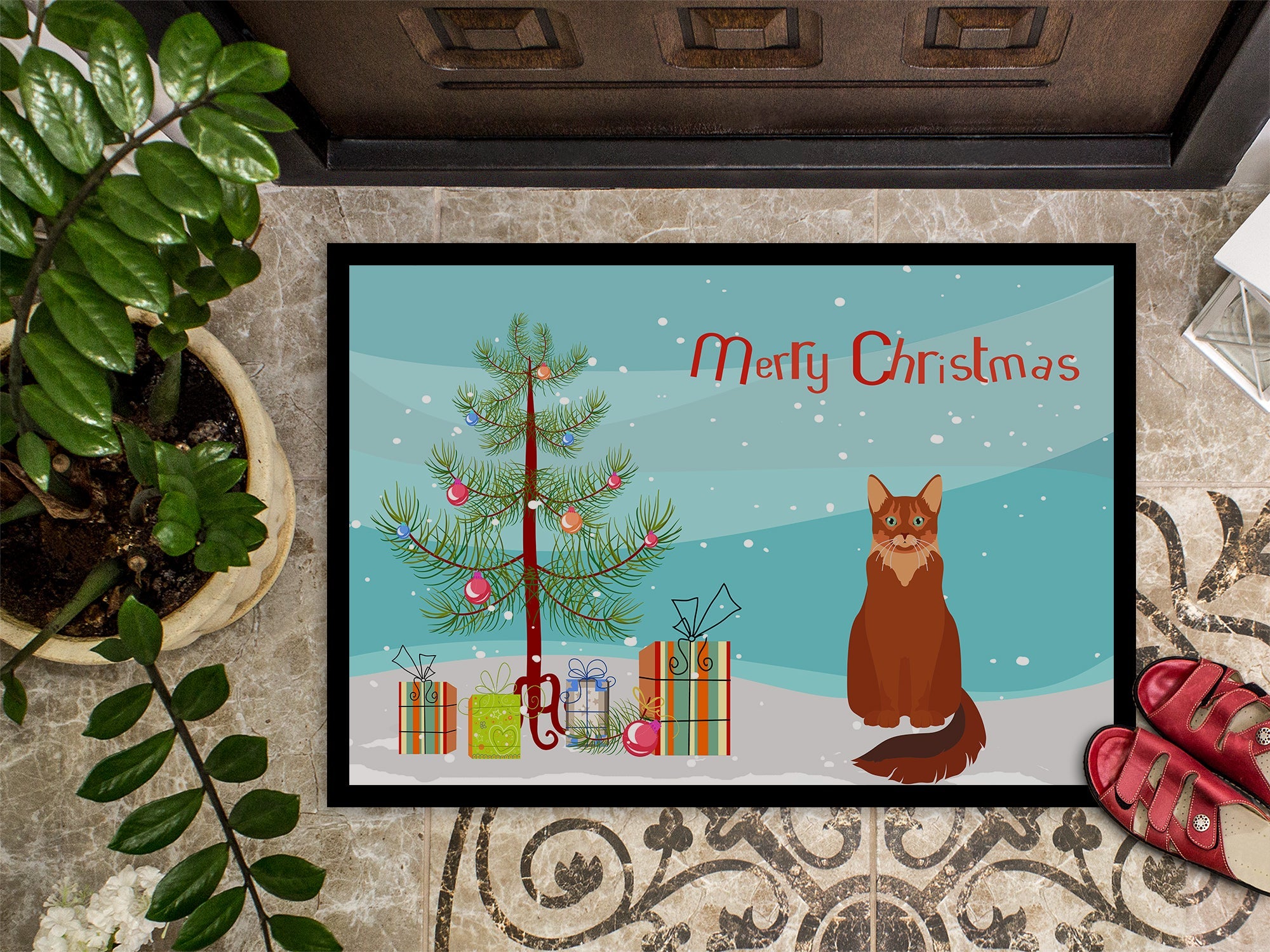 Somali Cat Christmas Doormat Indoor Outdoor 24H X 36W Front Door Mat Rugs for Entryway, Non Slip Washable Low Pile,
