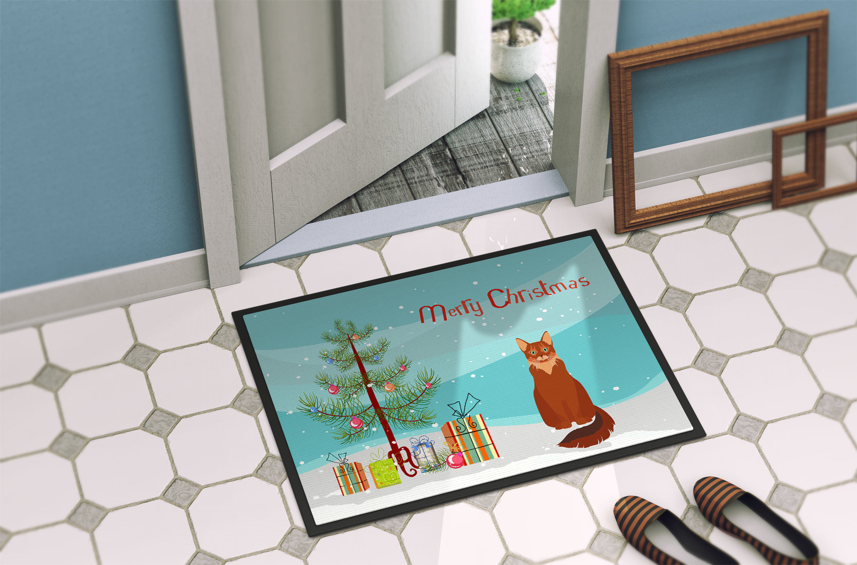 Somali Cat Christmas Doormat Indoor Outdoor 24H X 36W Front Door Mat Rugs for Entryway, Non Slip Washable Low Pile,