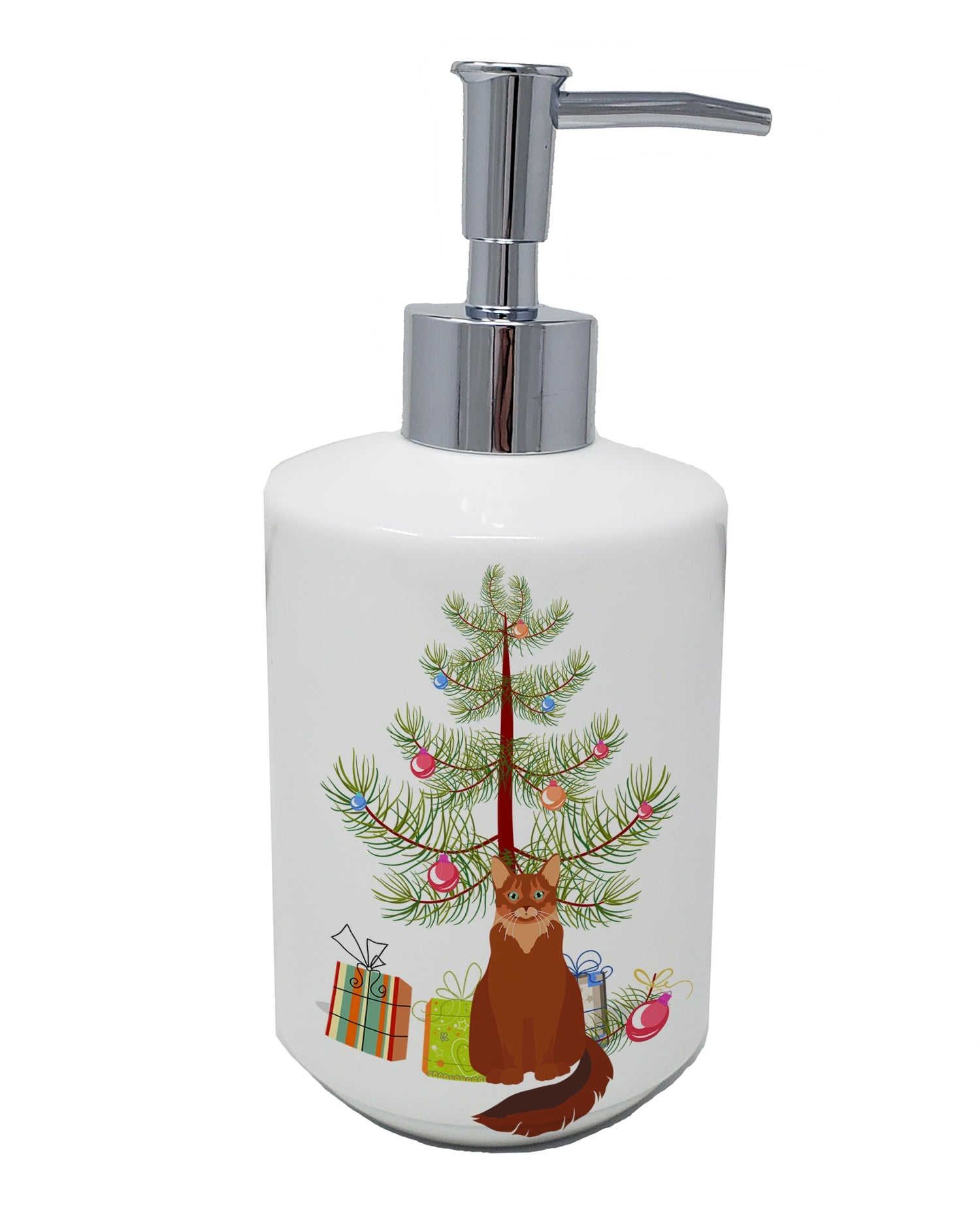 Somali Cat Christmas Ceramic Soap Dispenser , Empty Refillable Hand Soap Pump Bottle for Bathroom Kitchen