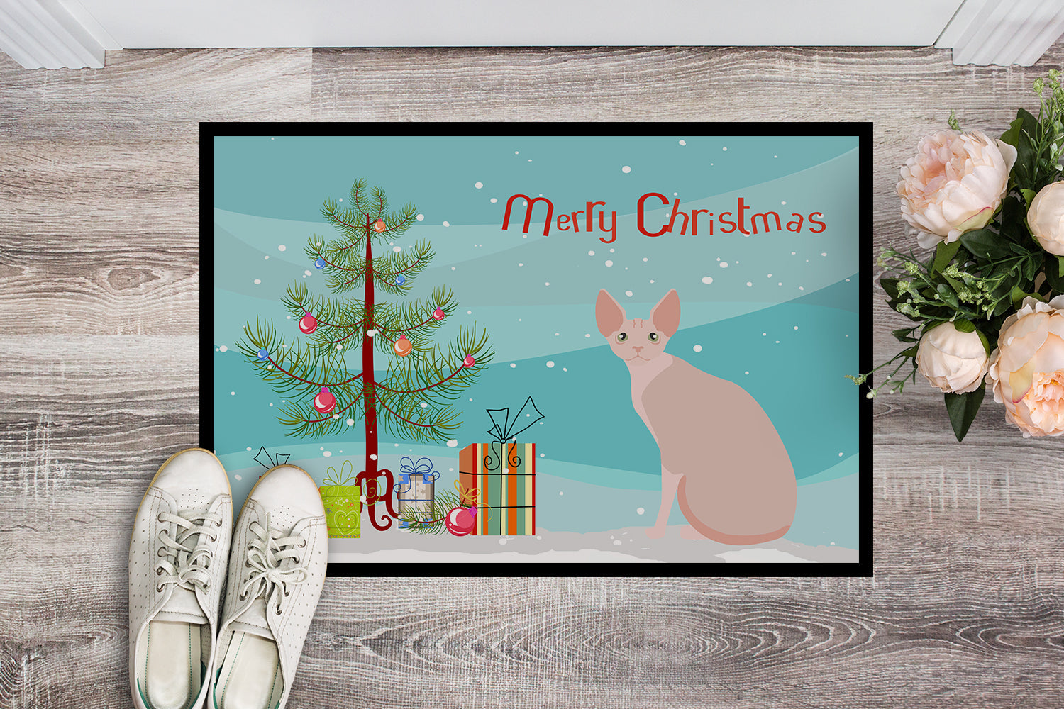 Sphynx Cat Christmas Doormat Indoor Outdoor 24H X 36W Front Door Mat Rugs for Entryway, Non Slip Washable Low Pile,