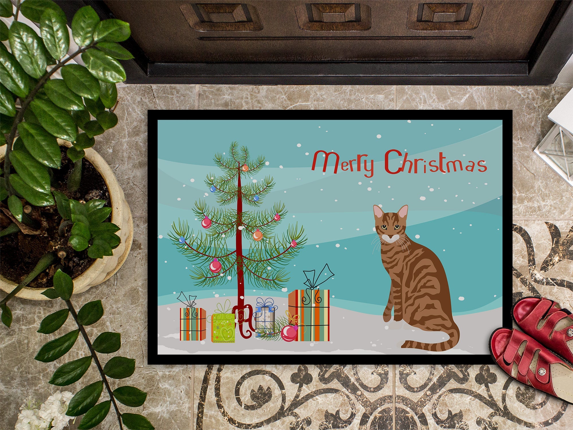 Toyger Cat Christmas Doormat Indoor Outdoor 24H X 36W Front Door Mat Rugs for Entryway, Non Slip Washable Low Pile,