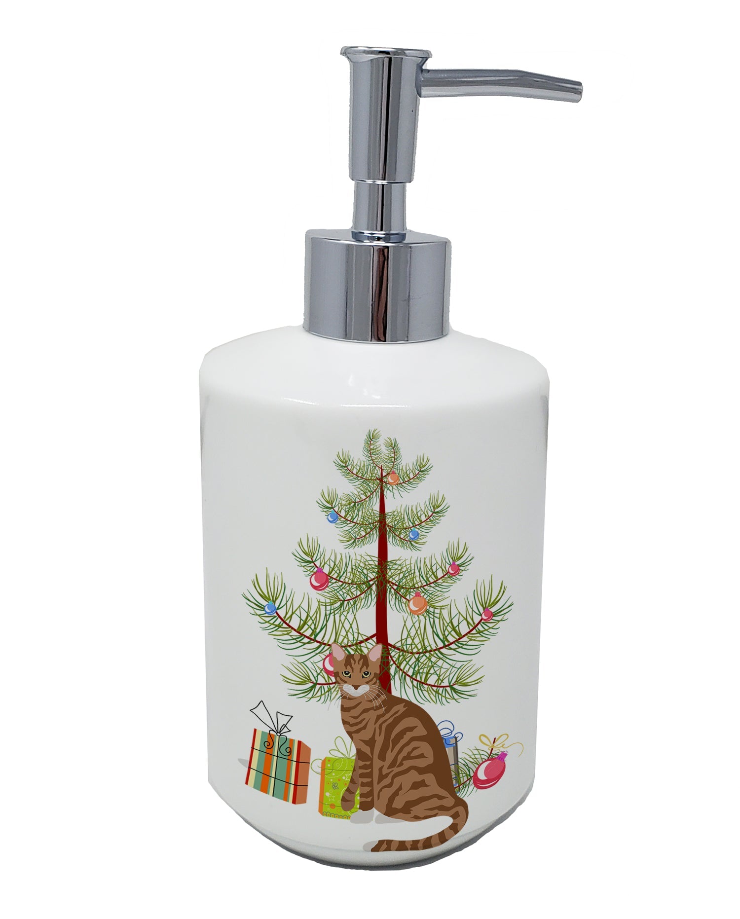 Toyger Cat Christmas Ceramic Soap Dispenser , Empty Refillable Hand Soap Pump Bottle for Bathroom Kitchen