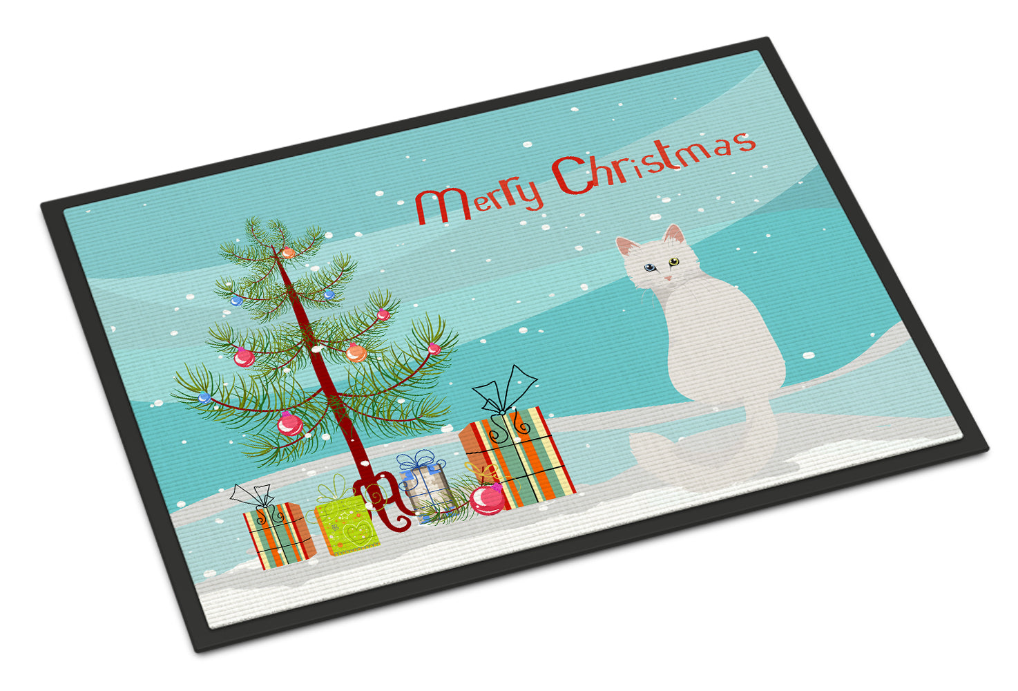Turkish Angora Cat Christmas Doormat Indoor Outdoor 24H X 36W Front Door Mat Rugs for Entryway, Non Slip Washable Low Pile,