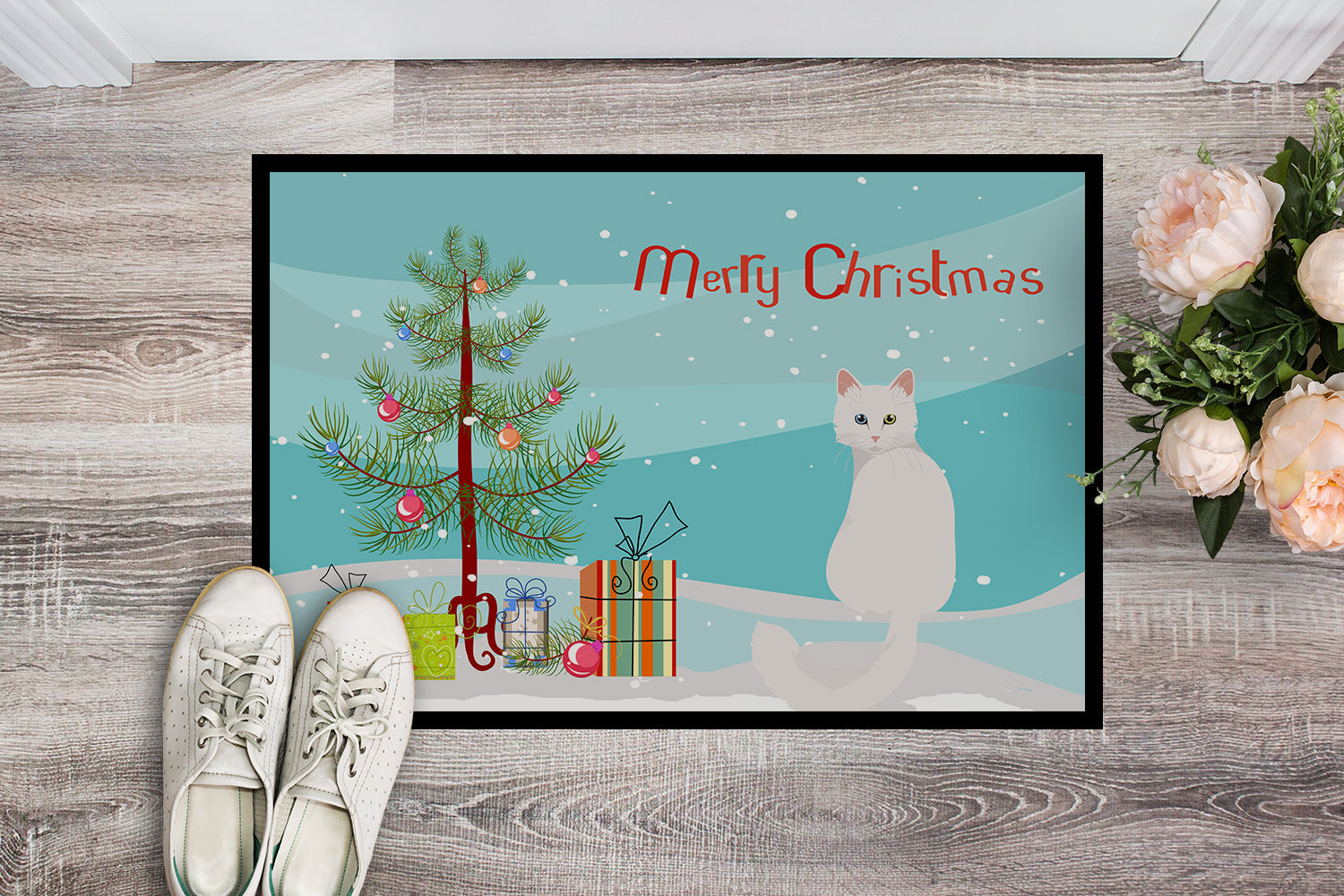 Turkish Angora Cat Christmas Doormat Indoor Outdoor 24H X 36W Front Door Mat Rugs for Entryway, Non Slip Washable Low Pile,