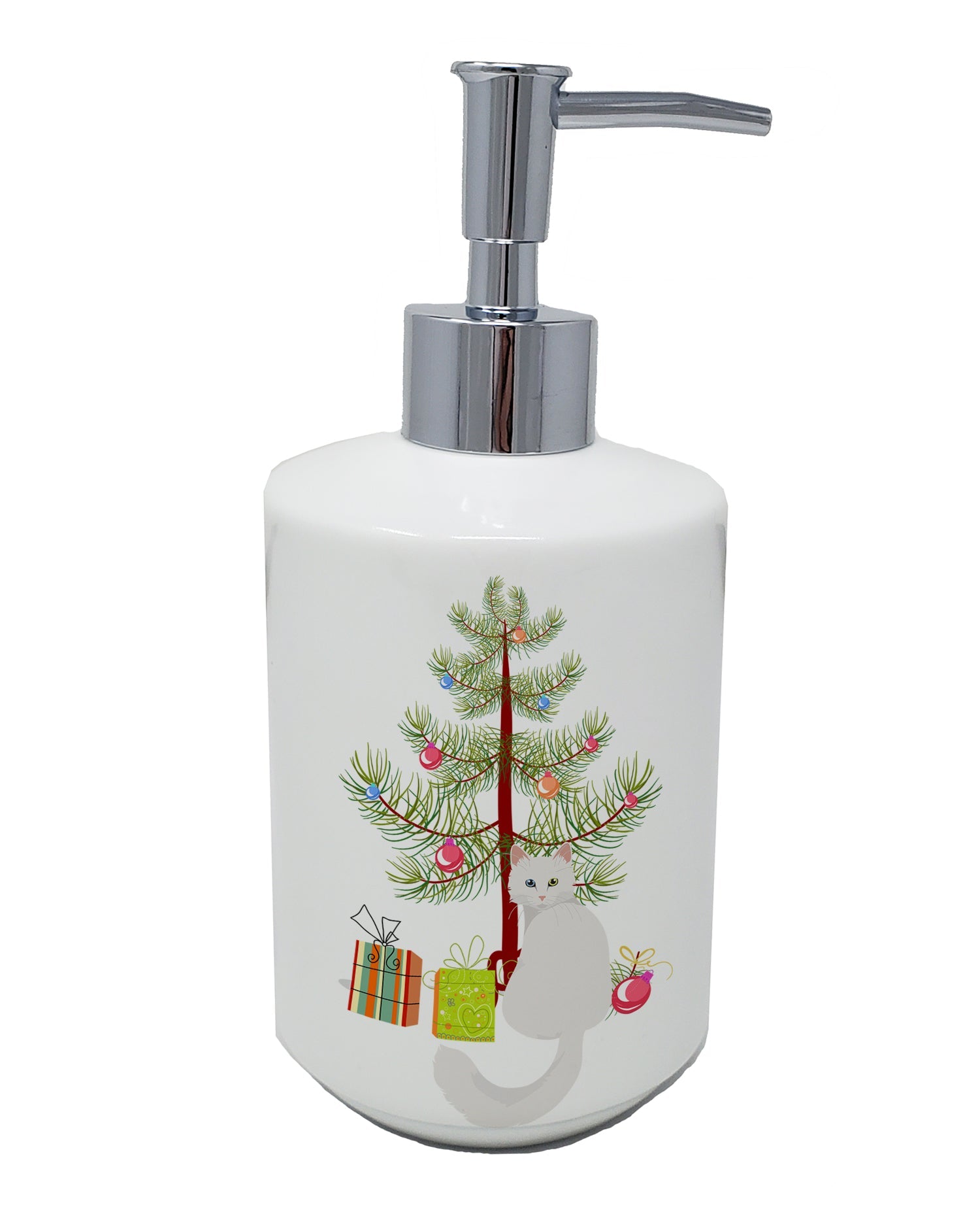 Turkish Angora Cat Christmas Ceramic Soap Dispenser , Empty Refillable Hand Soap Pump Bottle for Bathroom Kitchen