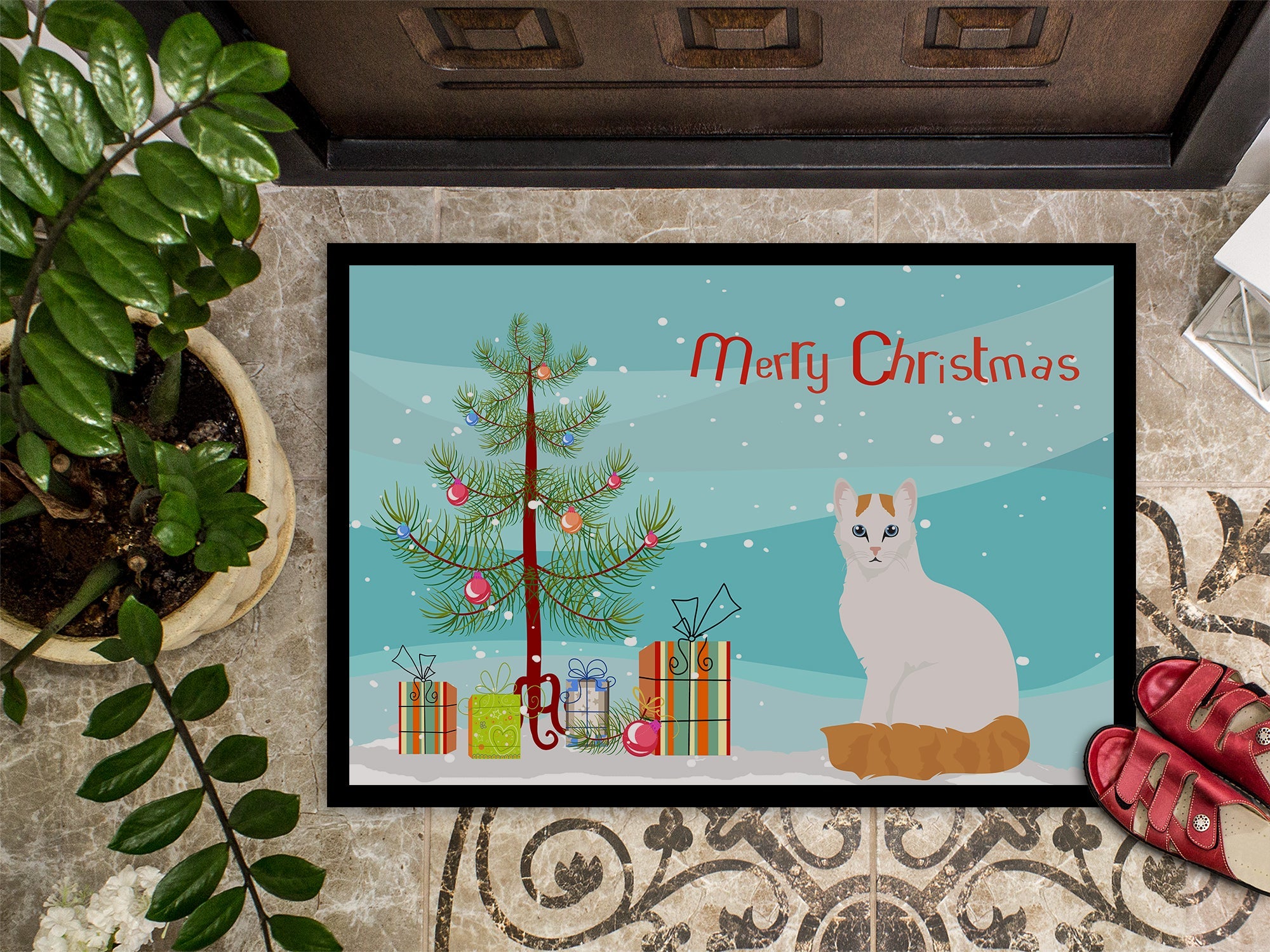 Turkish Van Cat Christmas Doormat Indoor Outdoor 18H X 27W Front Door Mat Rugs for Entryway, Non Slip Washable