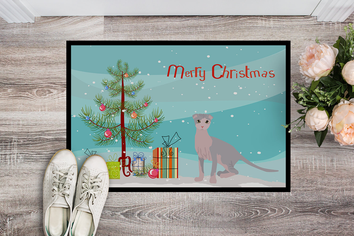 Ukrainian Levkoy Cat Christmas Doormat Indoor Outdoor 18H X 27W Front Door Mat Rugs for Entryway, Non Slip Washable