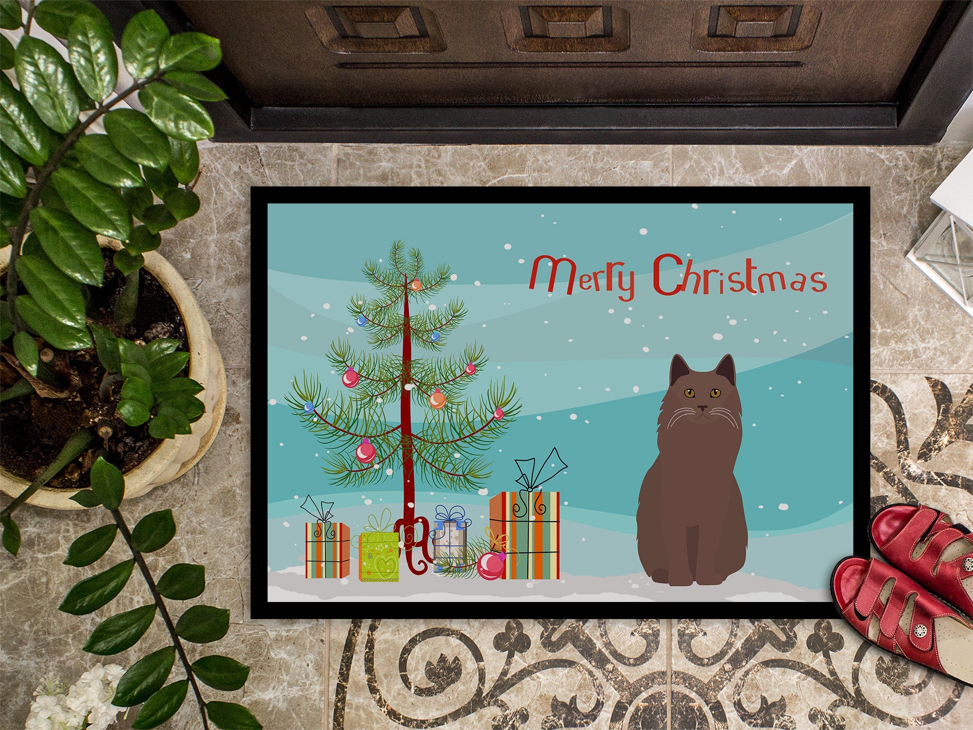 York Chocolate Cat Christmas Doormat Indoor Outdoor 24H X 36W Front Door Mat Rugs for Entryway, Non Slip Washable Low Pile,