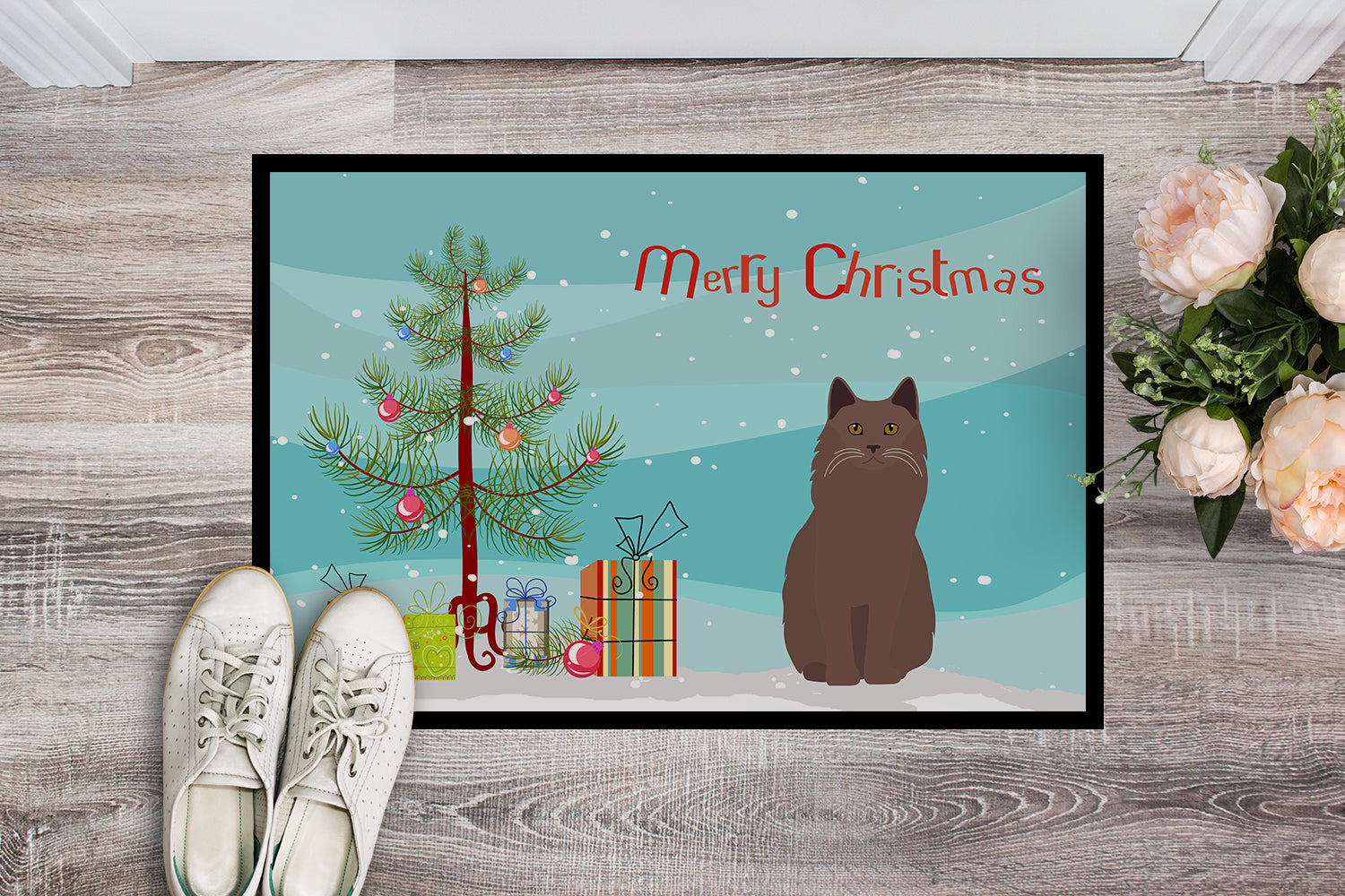 York Chocolate Cat Christmas Doormat Indoor Outdoor 18H X 27W Front Door Mat Rugs for Entryway, Non Slip Washable