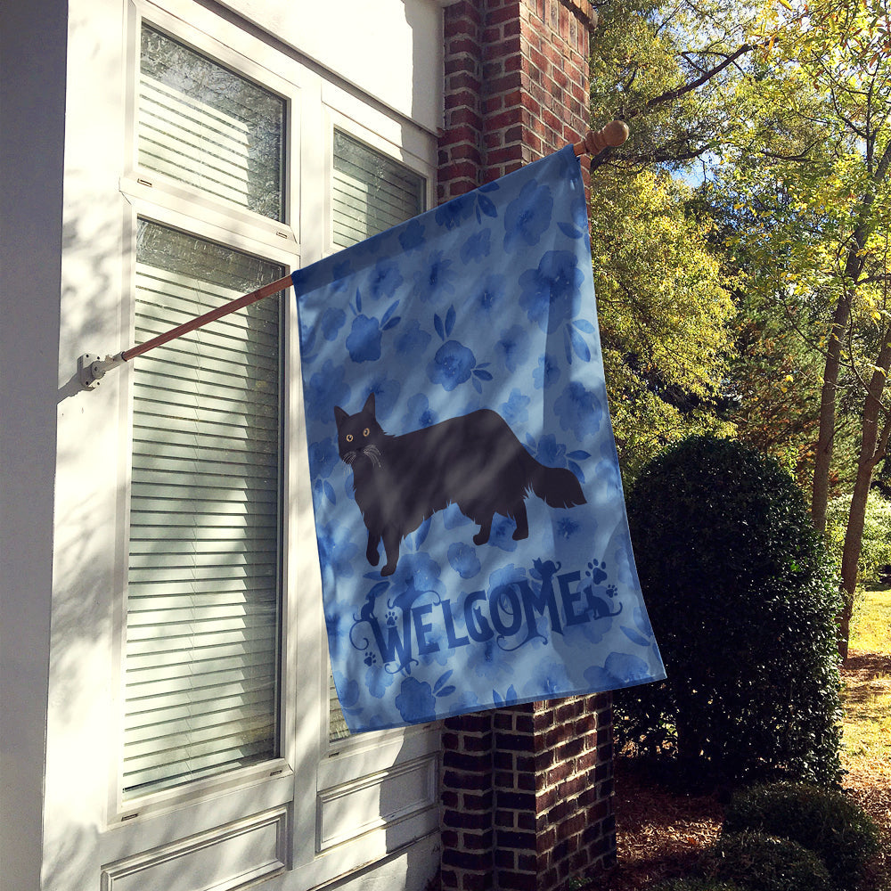 Black Chantilly Tiffany Cat Welcome House Flag 28x40 Porch Sleeve Pole Decorative Outside Yard Banner Artwork Wall Hanging, Polyester