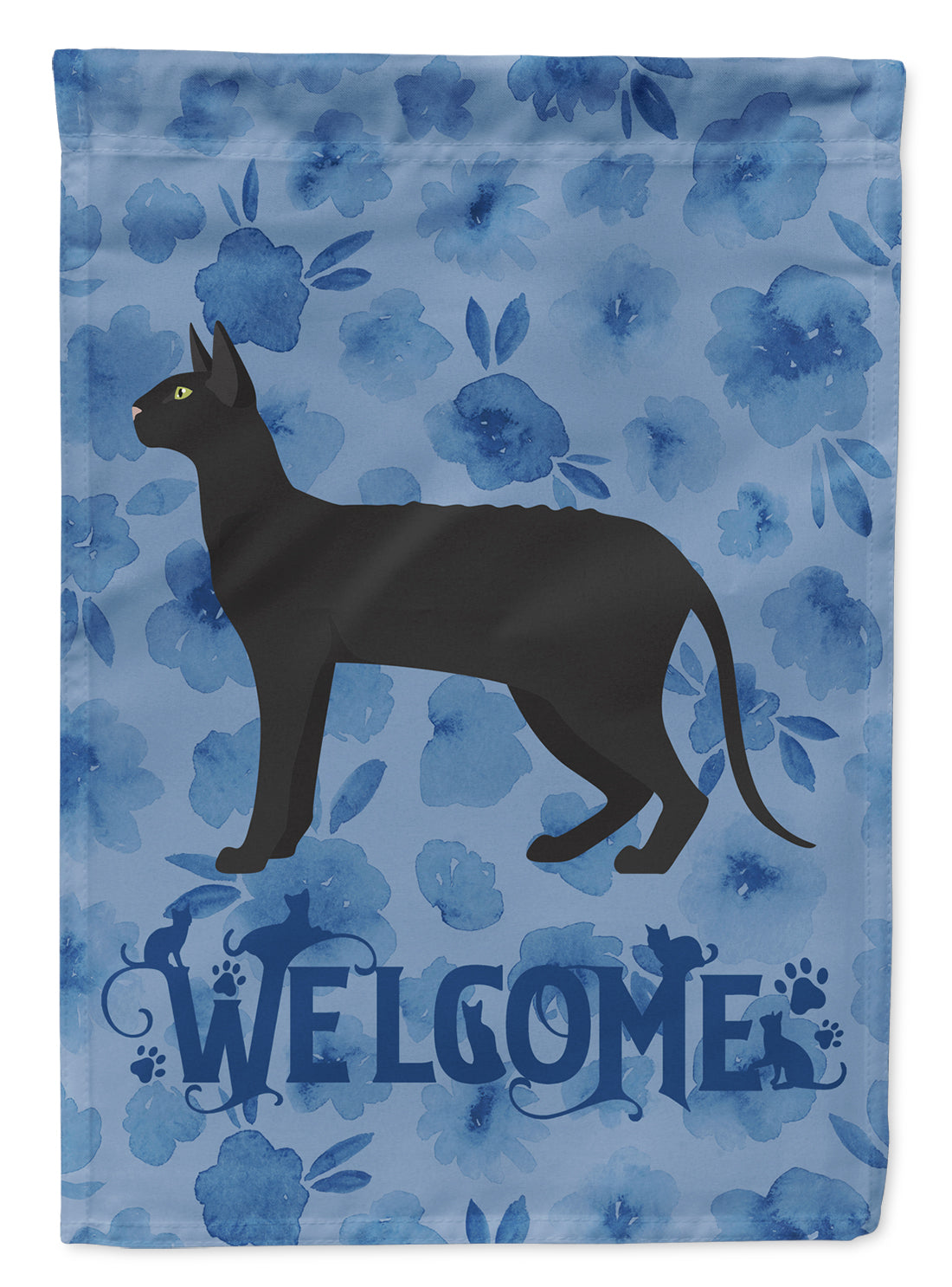 Black Cornish Rex Cat Welcome House Flag 28x40 Porch Sleeve Pole Decorative Outside Yard Banner Artwork Wall Hanging, Polyester