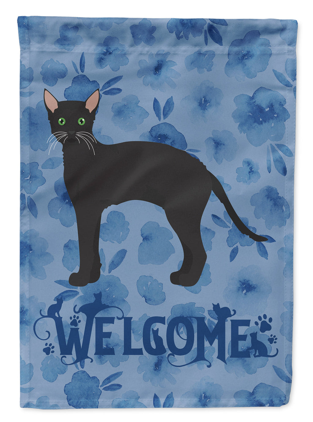 Black German Rex Cat Welcome House Flag 28x40 Porch Sleeve Pole Decorative Outside Yard Banner Artwork Wall Hanging, Polyester