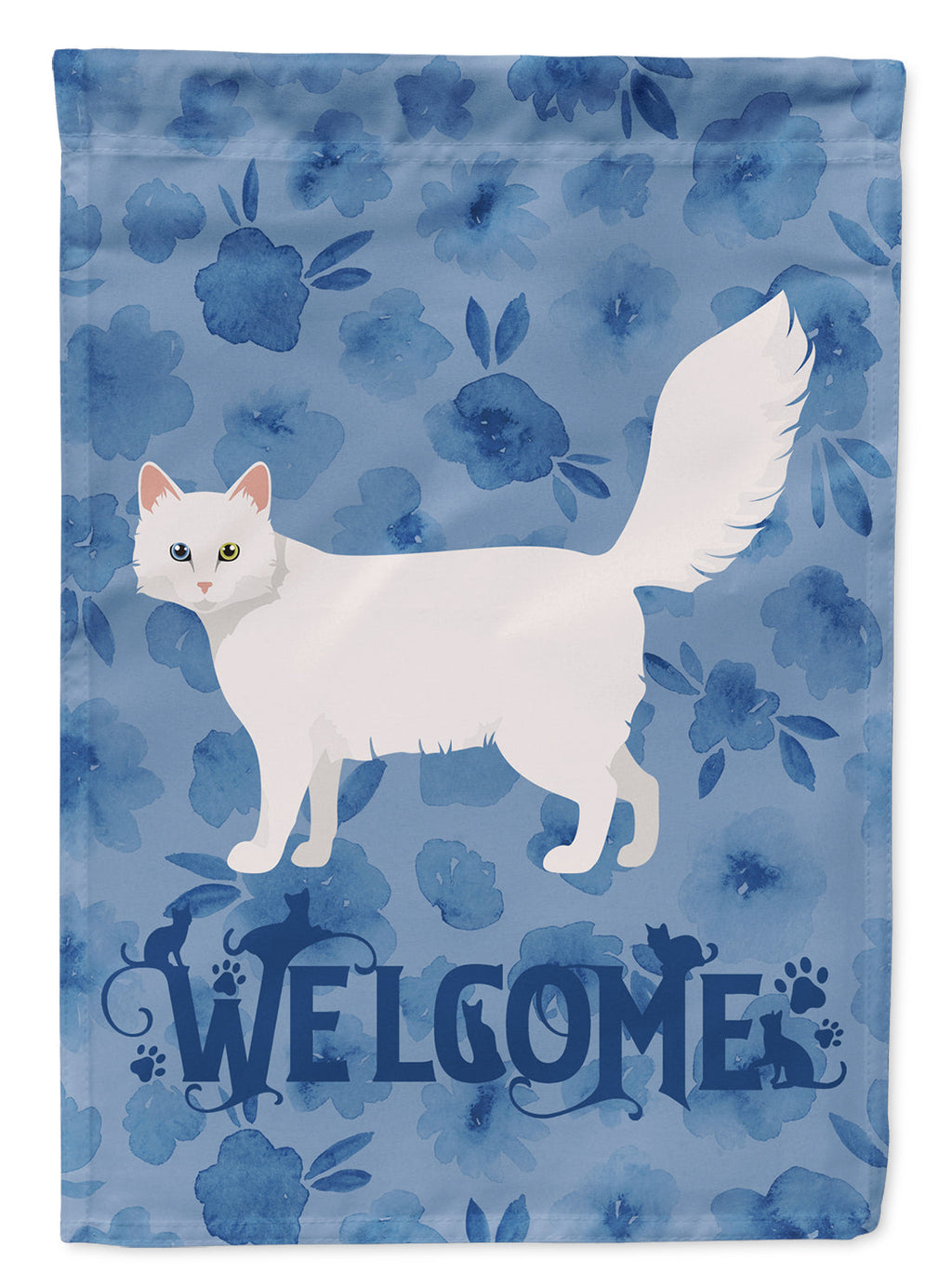Turkish Angora Cat Welcome House Flag 28x40 Porch Sleeve Pole Decorative Outside Yard Banner Artwork Wall Hanging, Polyester