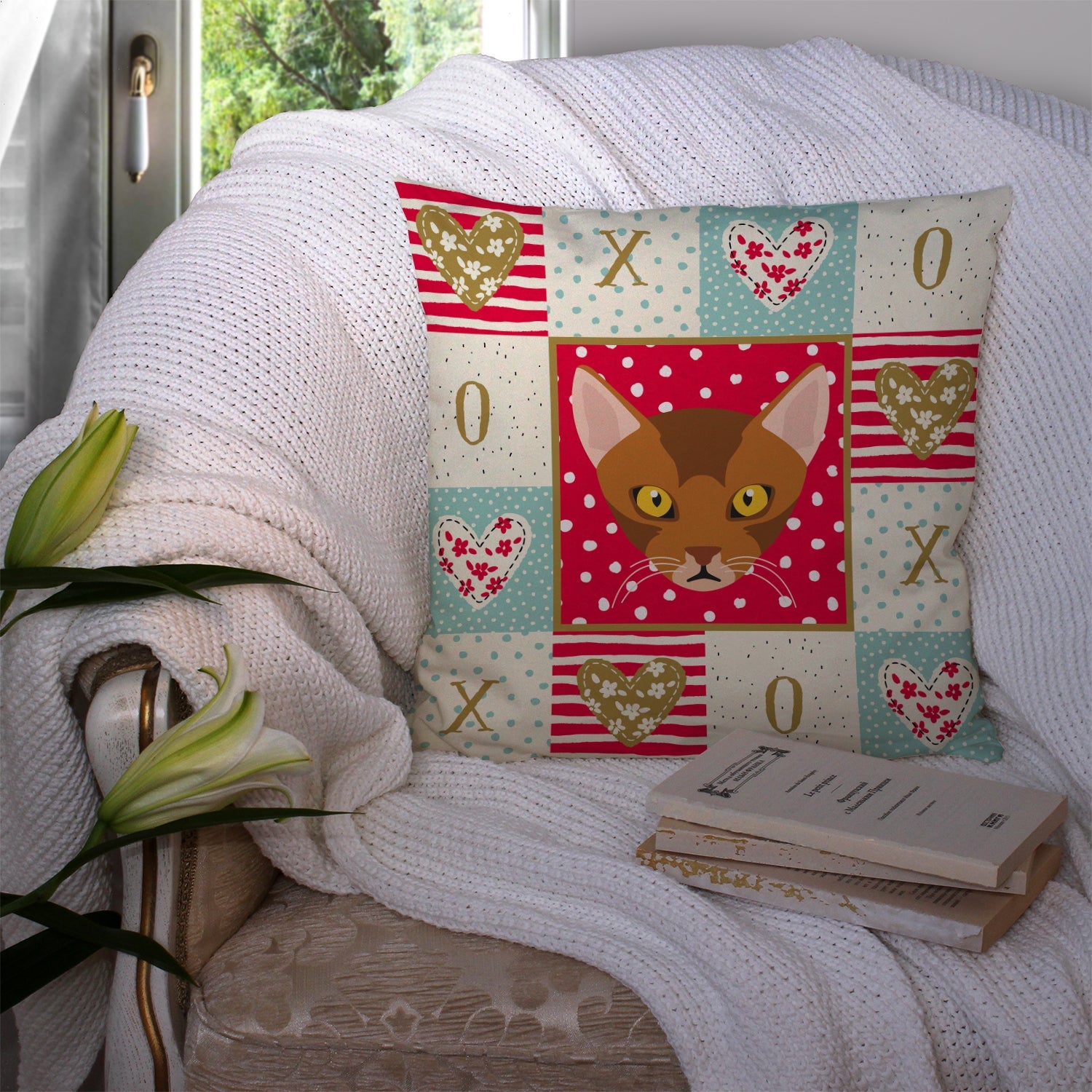 Abyssinian Cat Love Decorative Throw Pillow 14x14 Indoor Outdoor Accent Cushion, Fabric Cover with Insert for Sofa, Bed, Porch & Living Room