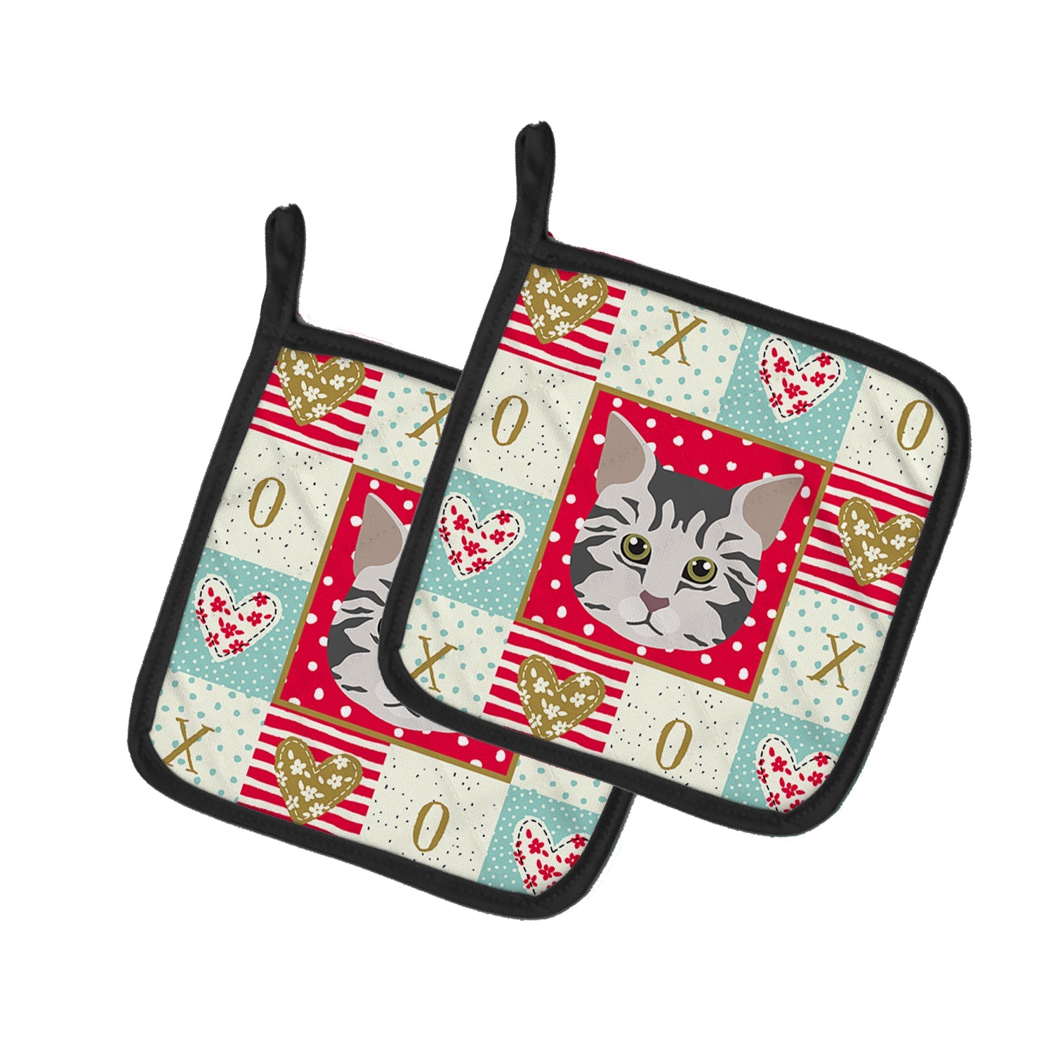 American Bobtail Cat Love Pot Holder Set of 2 Heat Resistant Quilted Hot Pads 7.5 x 7.5 Inch, Insulated Kitchen Trivets for Cooking & Baking
