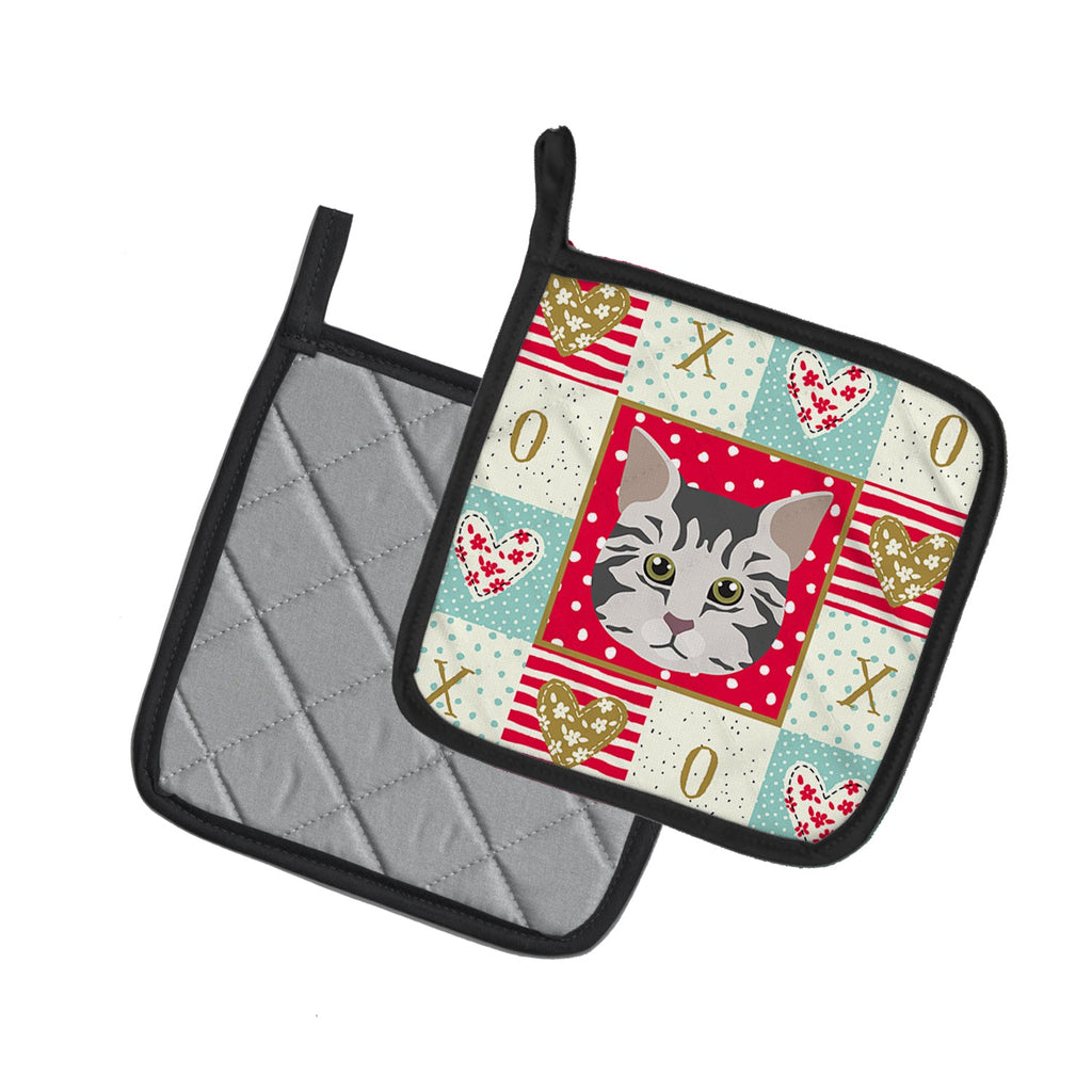 American Bobtail Cat Love Pot Holder Set of 2 Heat Resistant Quilted Hot Pads 7.5 x 7.5 Inch, Insulated Kitchen Trivets for Cooking & Baking