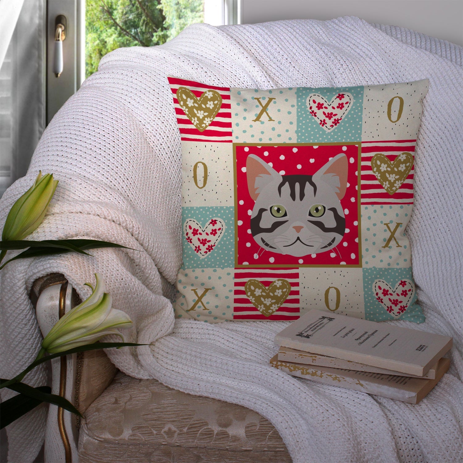 American Shorthair Cat Love Decorative Throw Pillow 14x14 Indoor Outdoor Accent Cushion, Fabric Cover with Insert for Sofa, Bed, Porch & Living Room