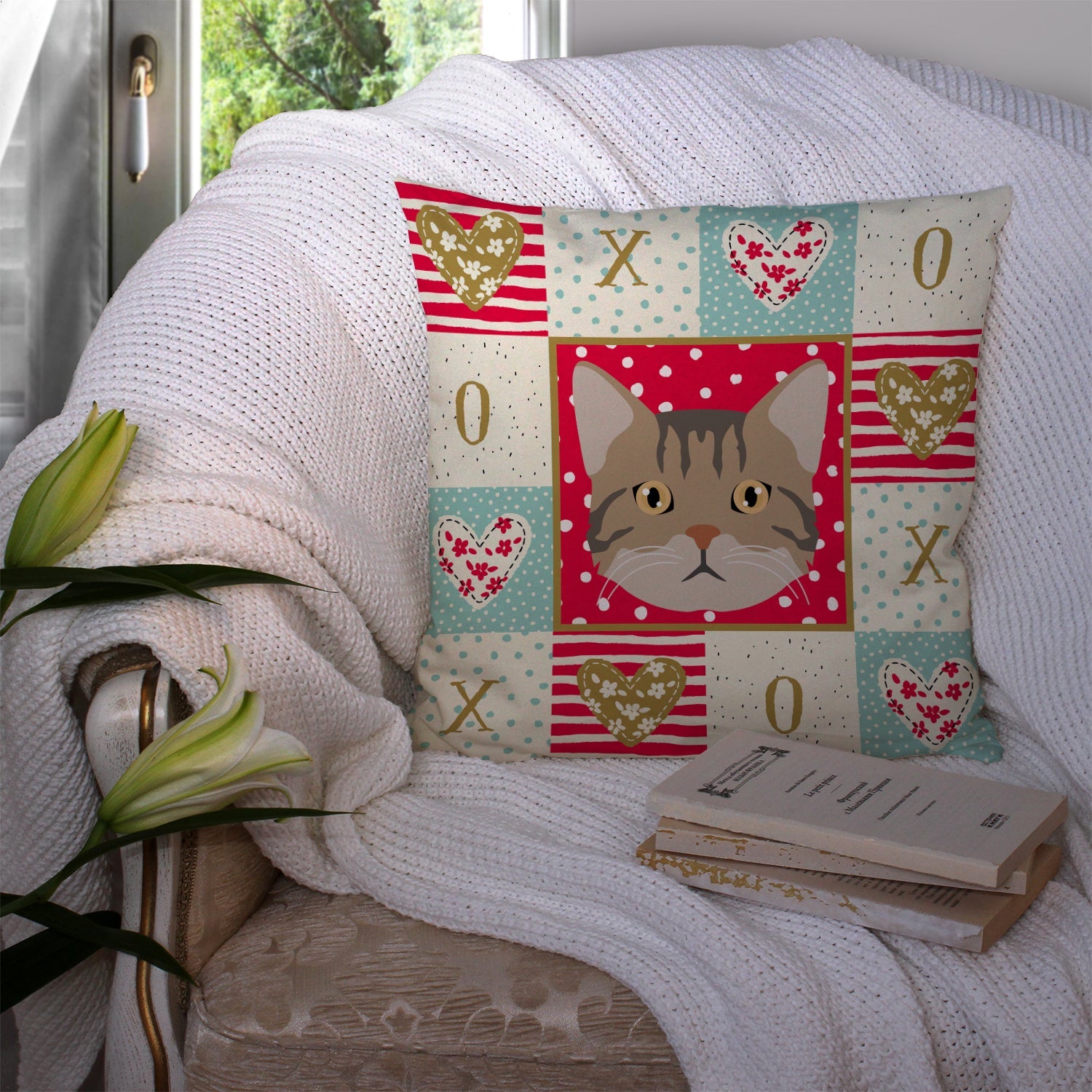 American Wirehair Cat Love Decorative Throw Pillow 14x14 Indoor Outdoor Accent Cushion, Fabric Cover with Insert for Sofa, Bed, Porch & Living Room