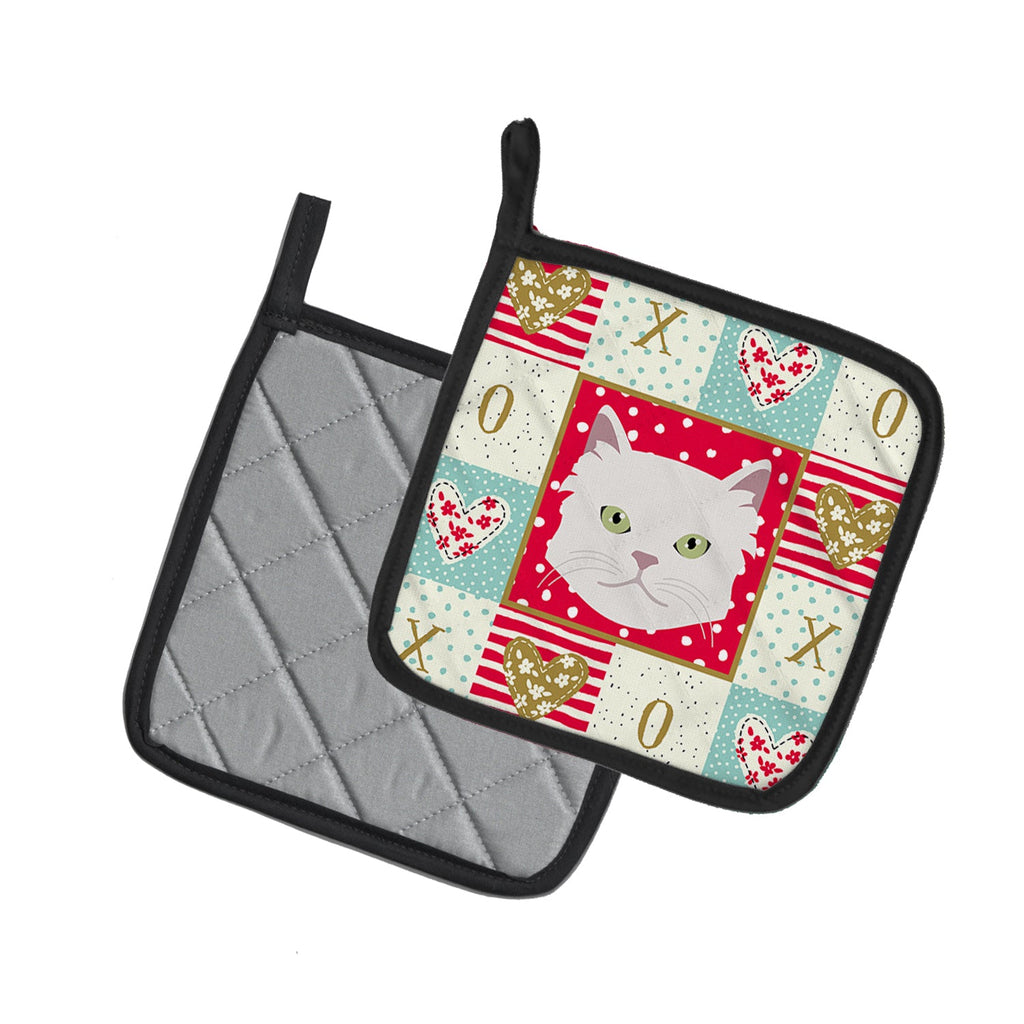 Asian Semi Longhaired Cat Love Pot Holder Set of 2 Heat Resistant Quilted Hot Pads 7.5 x 7.5 Inch, Insulated Kitchen Trivets for Cooking & Baking