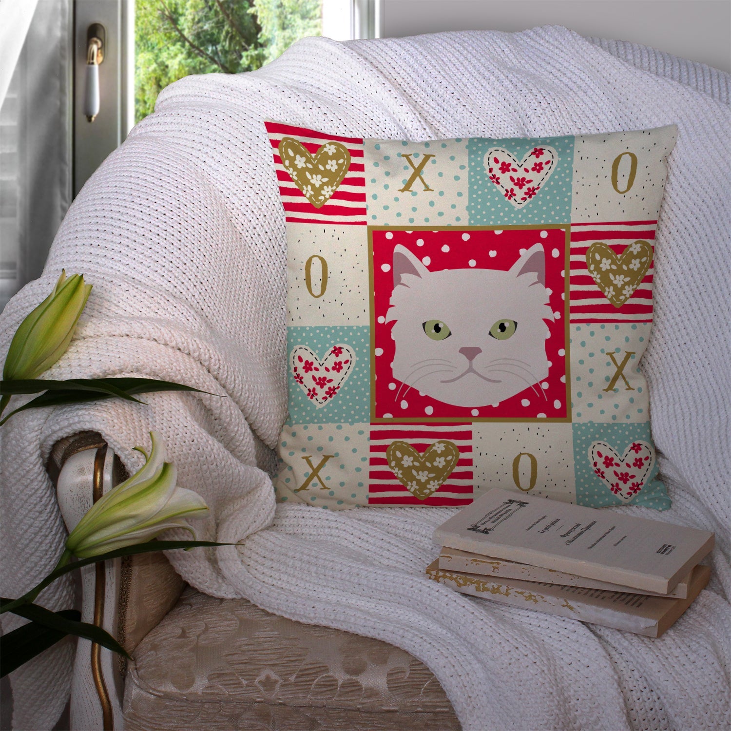 Asian Semi Longhaired Cat Love Decorative Throw Pillow 14x14 Indoor Outdoor Accent Cushion, Fabric Cover with Insert for Sofa, Bed, Porch & Living Room