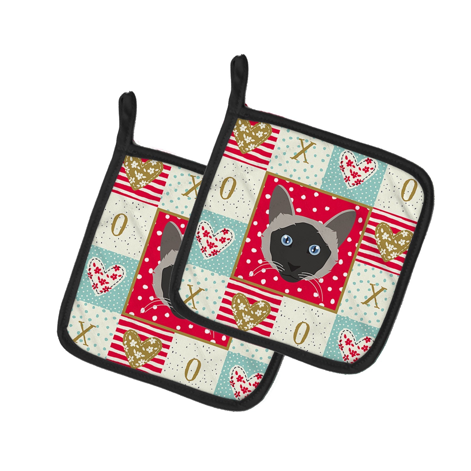 Balinese Cat Love Pot Holder Set of 2 Heat Resistant Quilted Hot Pads 7.5 x 7.5 Inch, Insulated Kitchen Trivets for Cooking & Baking