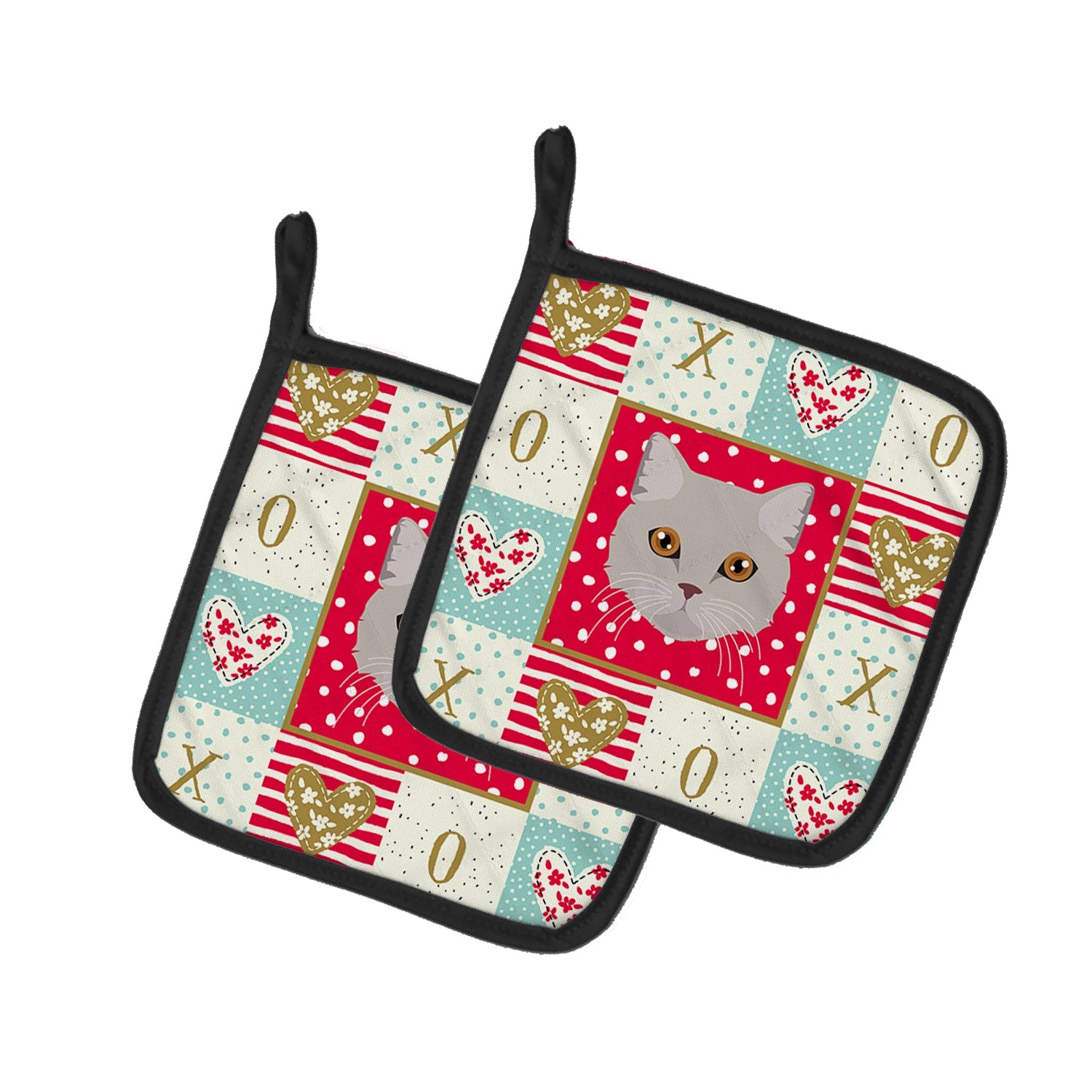 Brazilian Semi Longhair Cat Love Pot Holder Set of 2 Heat Resistant Quilted Hot Pads 7.5 x 7.5 Inch, Insulated Kitchen Trivets for Cooking & Baking