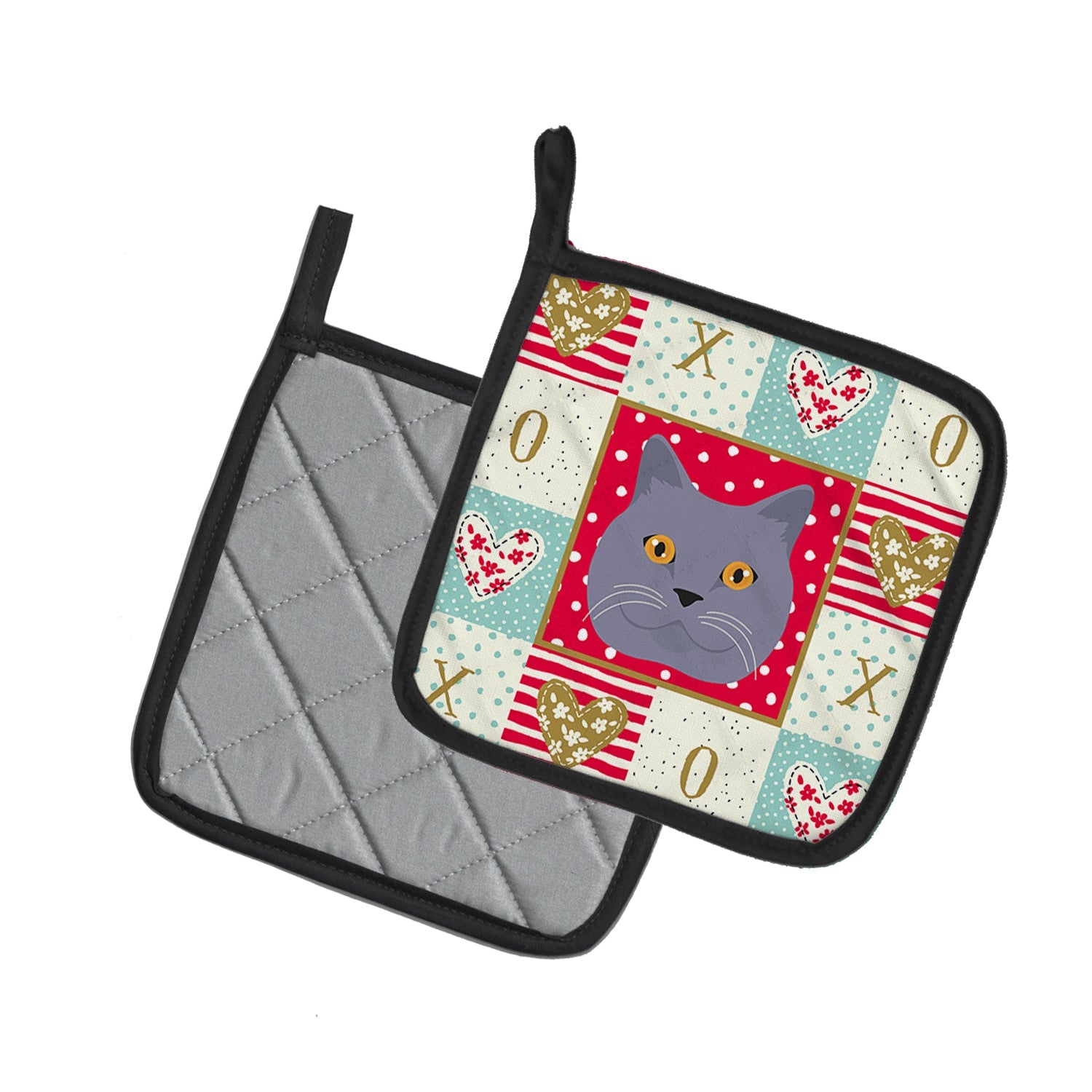 British Shorthair Cat Love Pot Holder Set of 2 Heat Resistant Quilted Hot Pads 7.5 x 7.5 Inch, Insulated Kitchen Trivets for Cooking & Baking