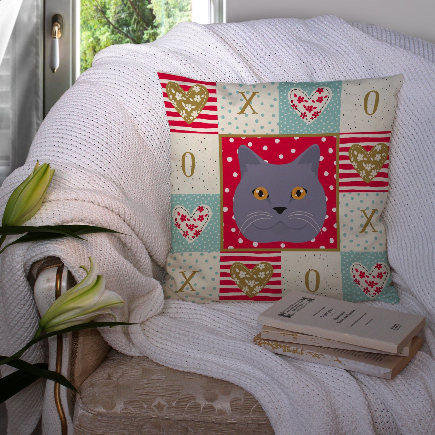 British Shorthair Cat Love Decorative Throw Pillow 14x14 Indoor Outdoor Accent Cushion, Fabric Cover with Insert for Sofa, Bed, Porch & Living Room