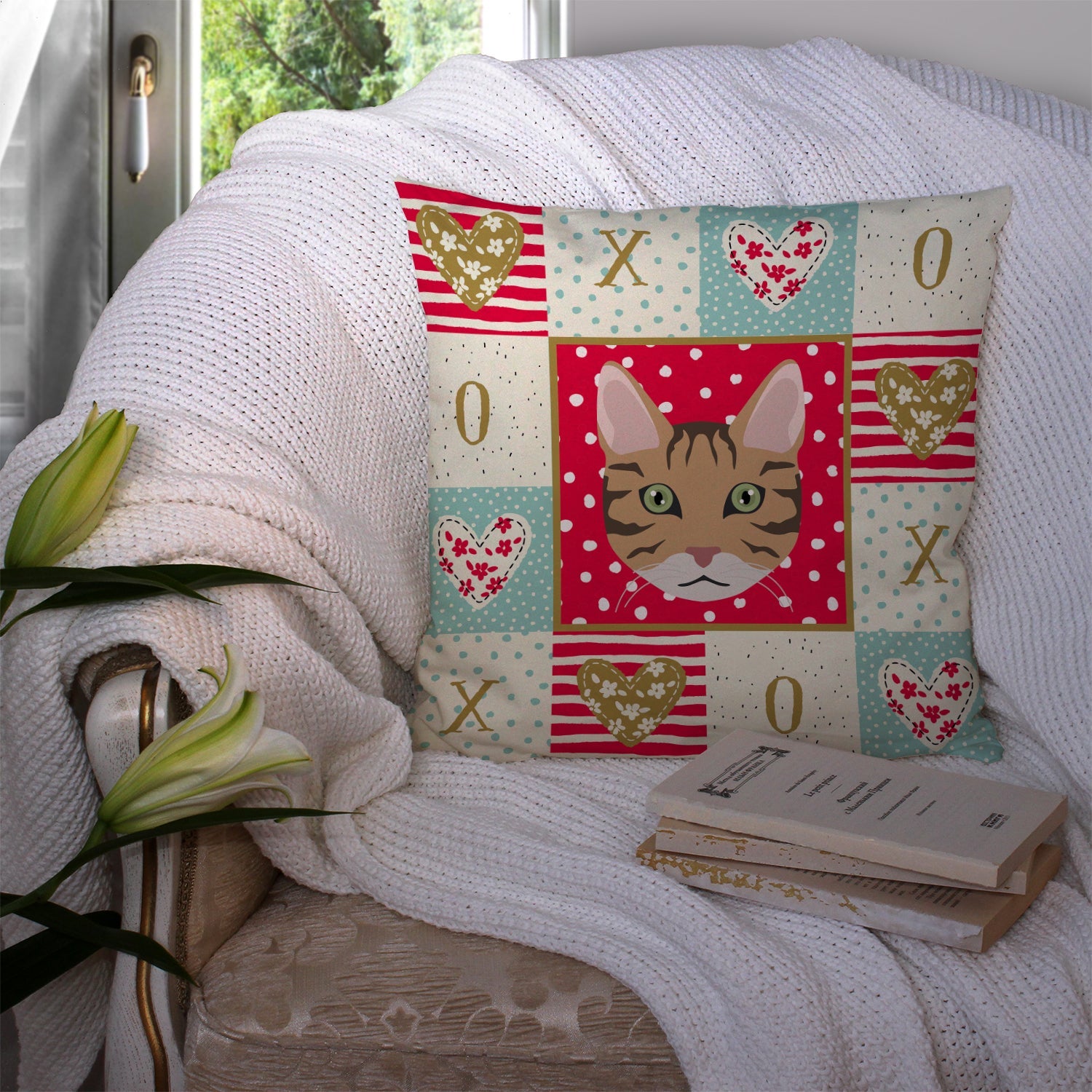 California Spangled Cat Love Decorative Throw Pillow 14x14 Indoor Outdoor Accent Cushion, Fabric Cover with Insert for Sofa, Bed, Porch & Living Room