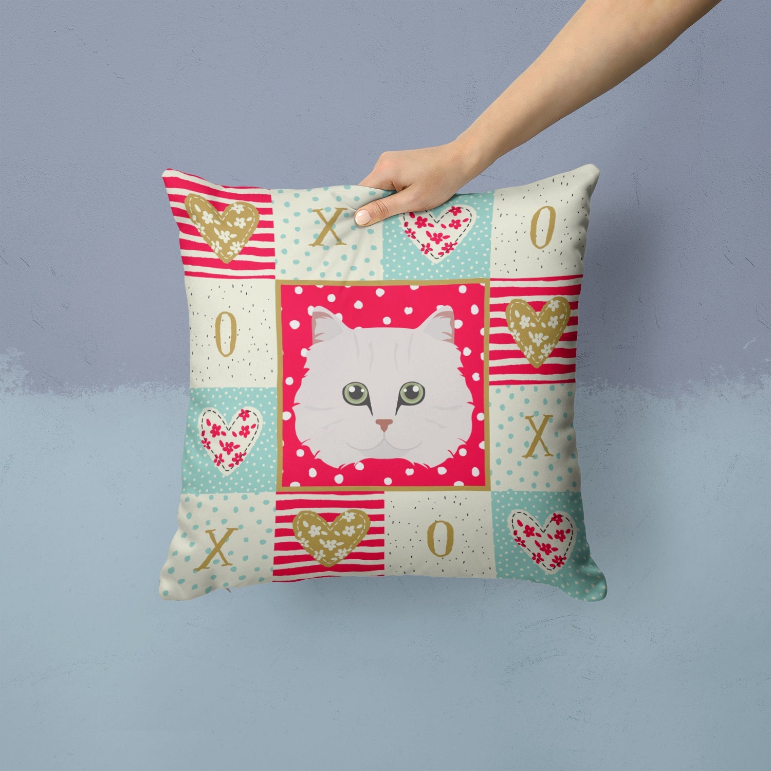 Chinchilla Persian Longhair Cat Love Decorative Throw Pillow 14x14 Indoor Outdoor Accent Cushion, Fabric Cover with Insert for Sofa, Bed, Porch & Living Room