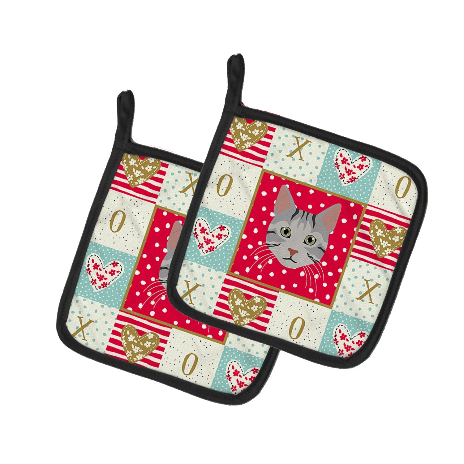 Egyptian Mau Cat Love Pot Holder Set of 2 Heat Resistant Quilted Hot Pads 7.5 x 7.5 Inch, Insulated Kitchen Trivets for Cooking & Baking