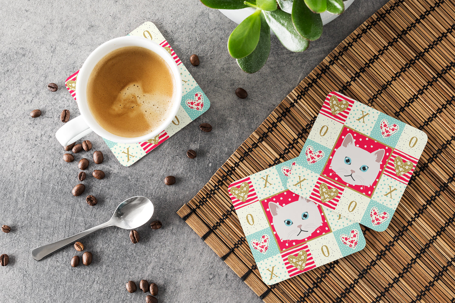Napoleon Cat Love Foam Coasters Set of 4 Cup Coasters for Indoor Outdoor, Tabletop Protection, Anti Slip, Mouse pad Material