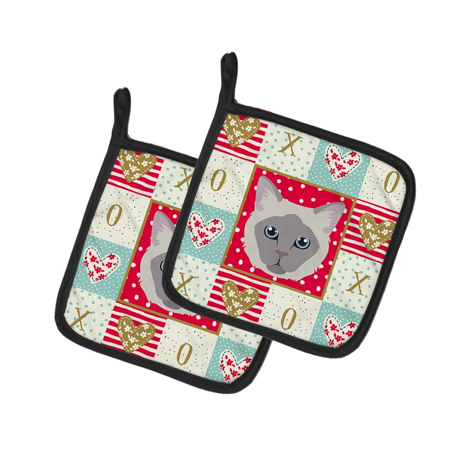 Owyhee Bob Cat Love Pot Holder Set of 2 Heat Resistant Quilted Hot Pads 7.5 x 7.5 Inch, Insulated Kitchen Trivets for Cooking & Baking