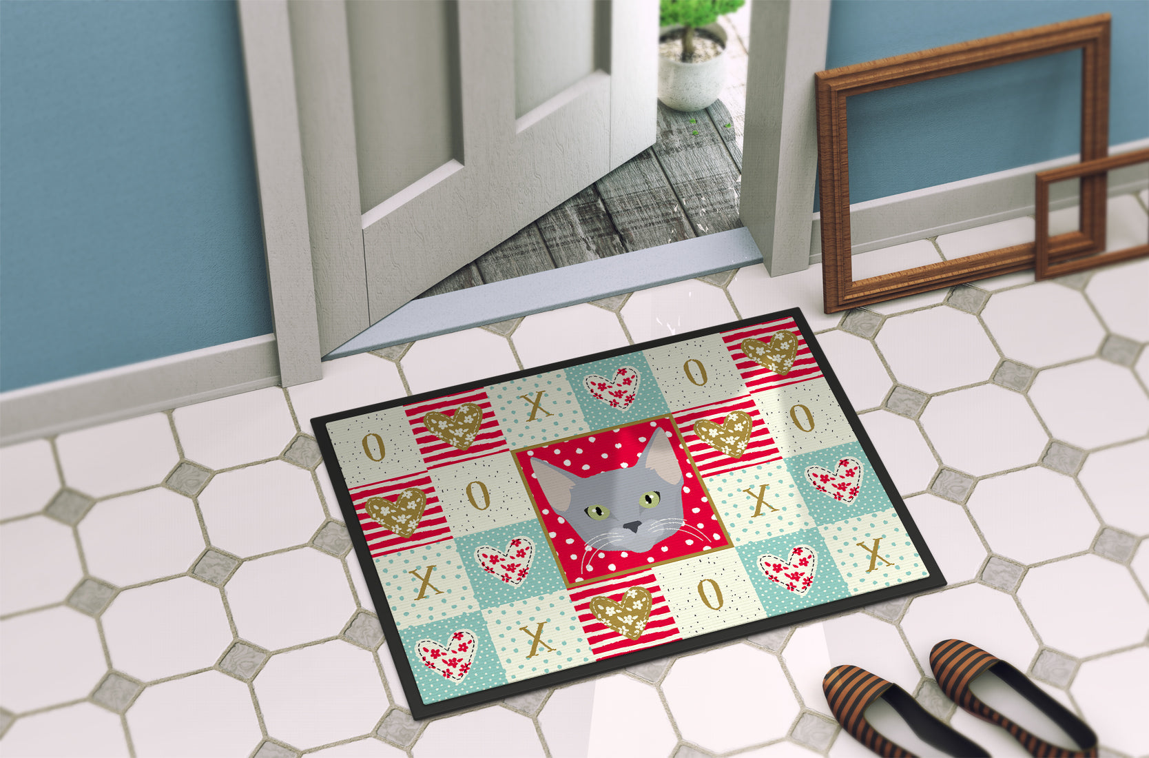 Russian Blue Cat Love Doormat Indoor Outdoor 24H X 36W Front Door Mat Rugs for Entryway, Non Slip Washable Low Pile,