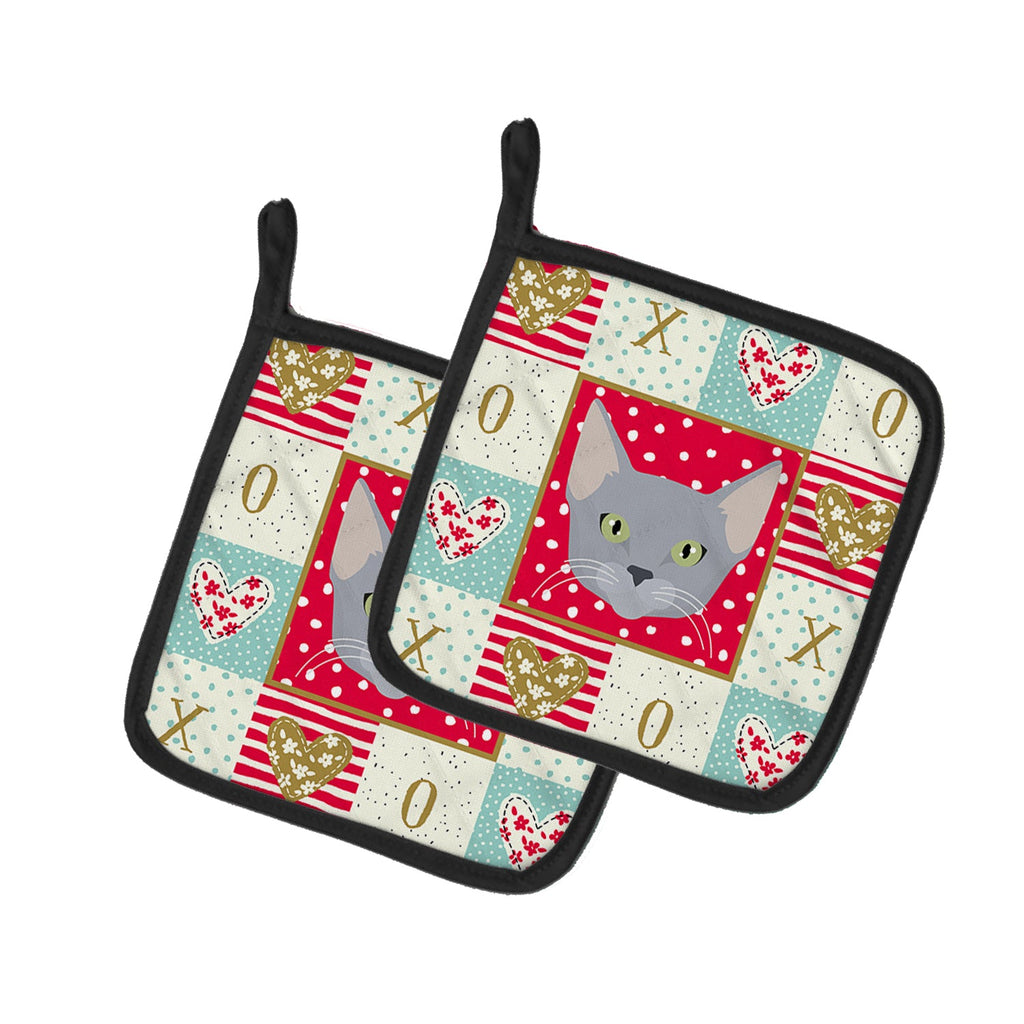 Russian Blue Cat Love Pot Holder Set of 2 Heat Resistant Quilted Hot Pads 7.5 x 7.5 Inch, Insulated Kitchen Trivets for Cooking & Baking