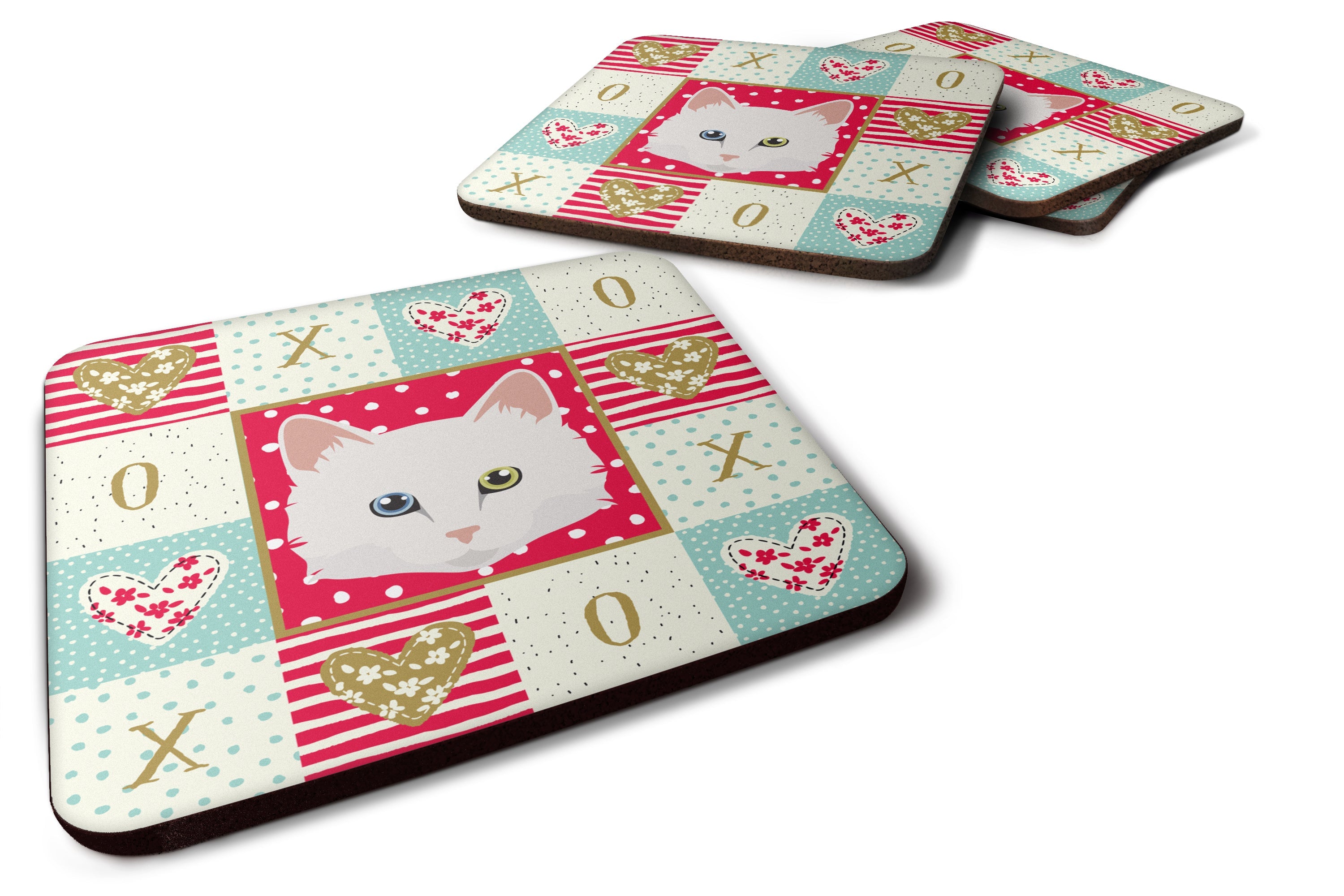 Turkish Angora Cat Love Foam Coasters Set of 4 Cup Coasters for Indoor Outdoor, Tabletop Protection, Anti Slip, Mouse pad Material