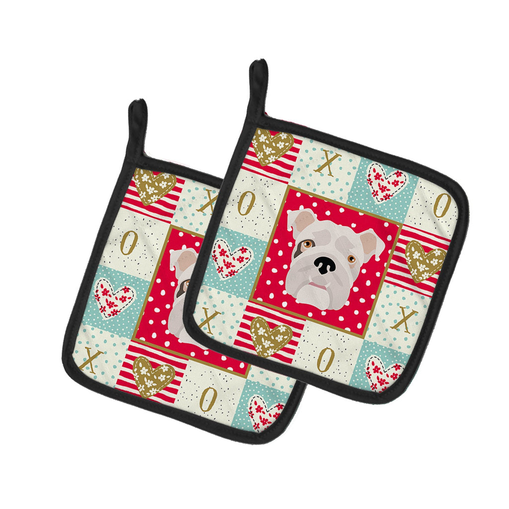 English Bulldog Love Pot Holder Set of 2 Heat Resistant Quilted Hot Pads 7.5 x 7.5 Inch, Insulated Kitchen Trivets for Cooking & Baking