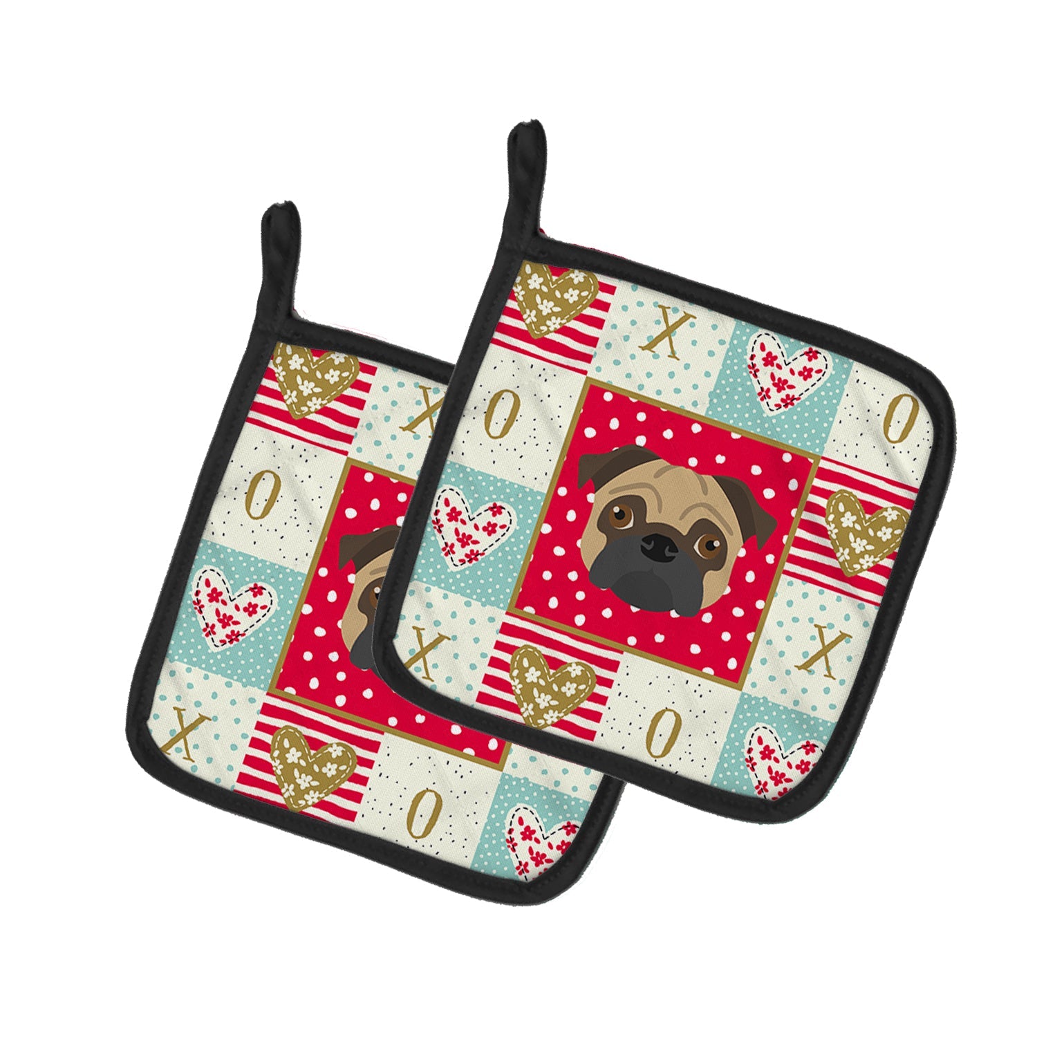 Pug Love Pot Holder Set of 2 Heat Resistant Quilted Hot Pads 7.5 x 7.5 Inch, Insulated Kitchen Trivets for Cooking & Baking