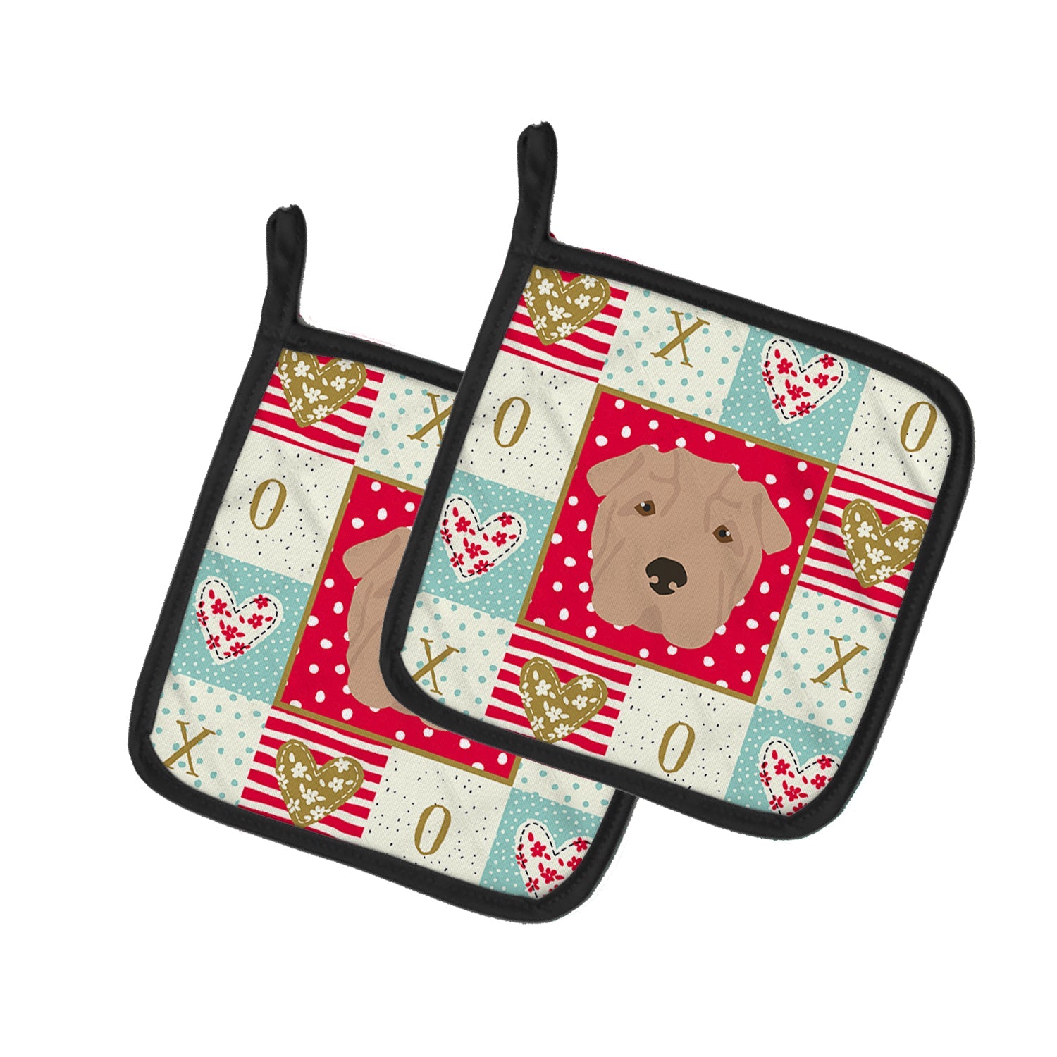 Shar Pei Love Pot Holder Set of 2 Heat Resistant Quilted Hot Pads 7.5 x 7.5 Inch, Insulated Kitchen Trivets for Cooking & Baking