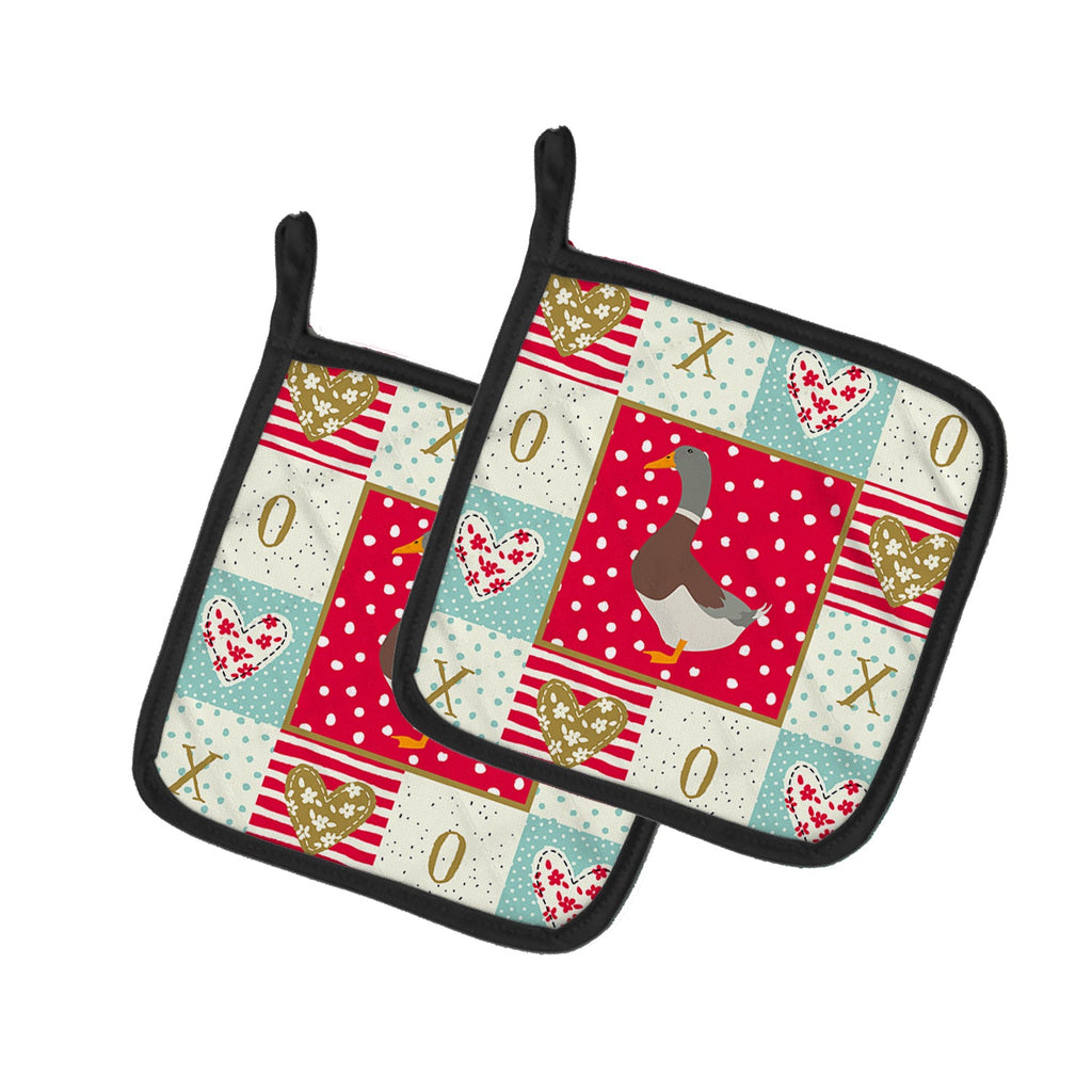 Saxony Sachsenente Duck Love Pot Holder Set of 2 Heat Resistant Quilted Hot Pads 7.5 x 7.5 Inch, Insulated Kitchen Trivets for Cooking & Baking