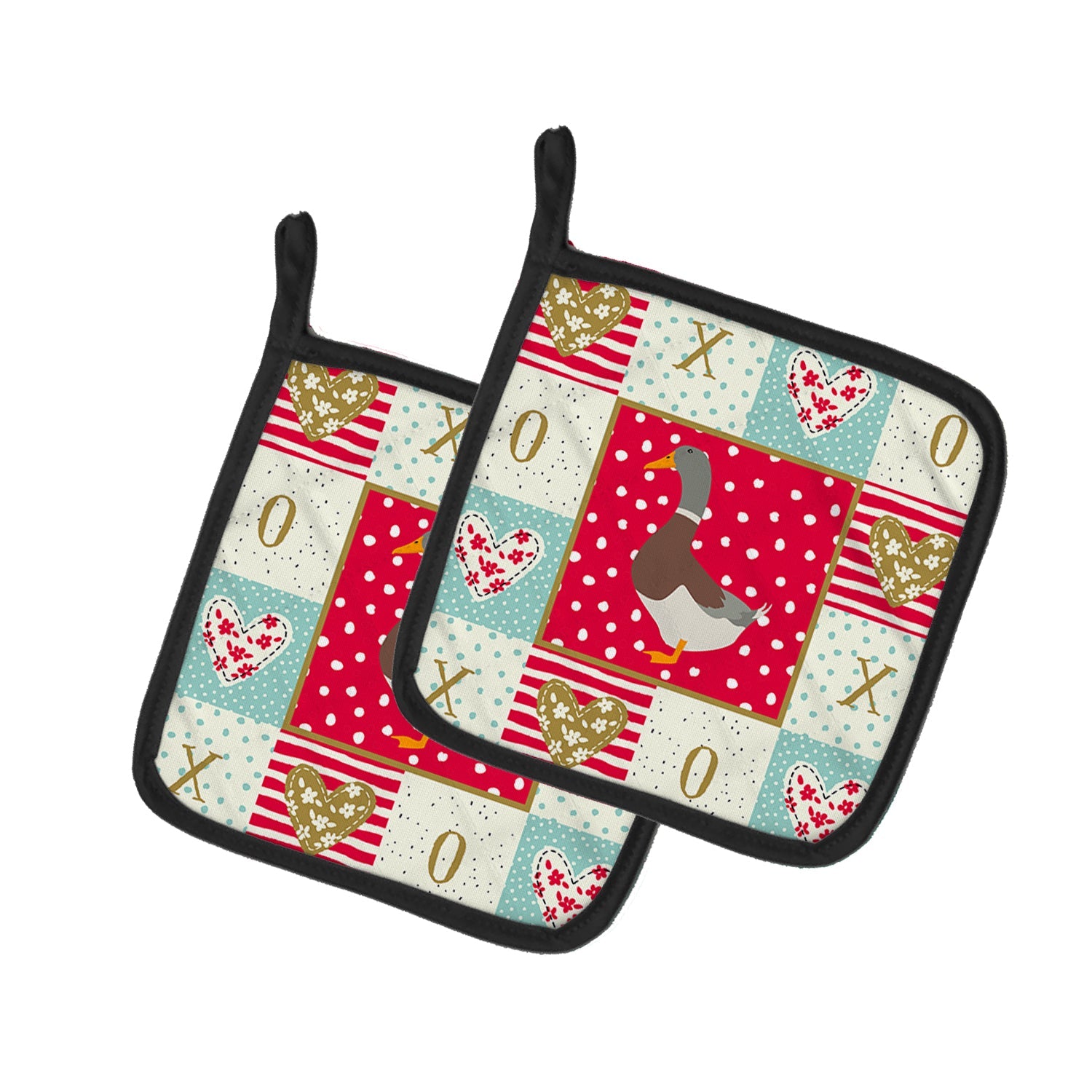 Saxony Sachsenente Duck Love Pot Holder Set of 2 Heat Resistant Quilted Hot Pads 7.5 x 7.5 Inch, Insulated Kitchen Trivets for Cooking & Baking
