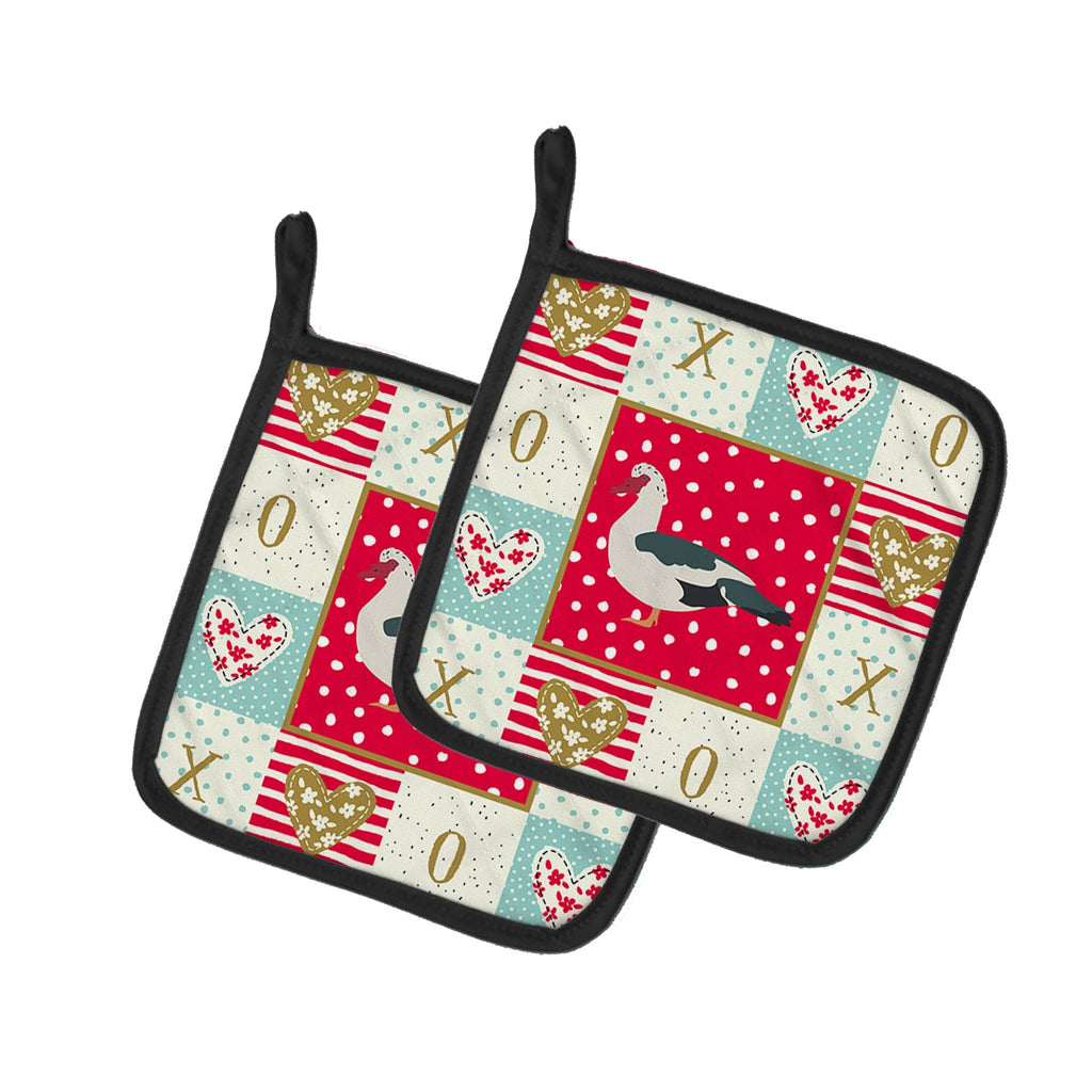 Muscovy Duck Love Pot Holder Set of 2 Heat Resistant Quilted Hot Pads 7.5 x 7.5 Inch, Insulated Kitchen Trivets for Cooking & Baking