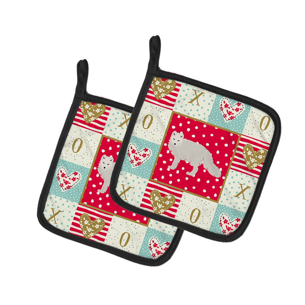 White Arctic Fox Love Pot Holder Set of 2 Heat Resistant Quilted Hot Pads 7.5 x 7.5 Inch, Insulated Kitchen Trivets for Cooking & Baking