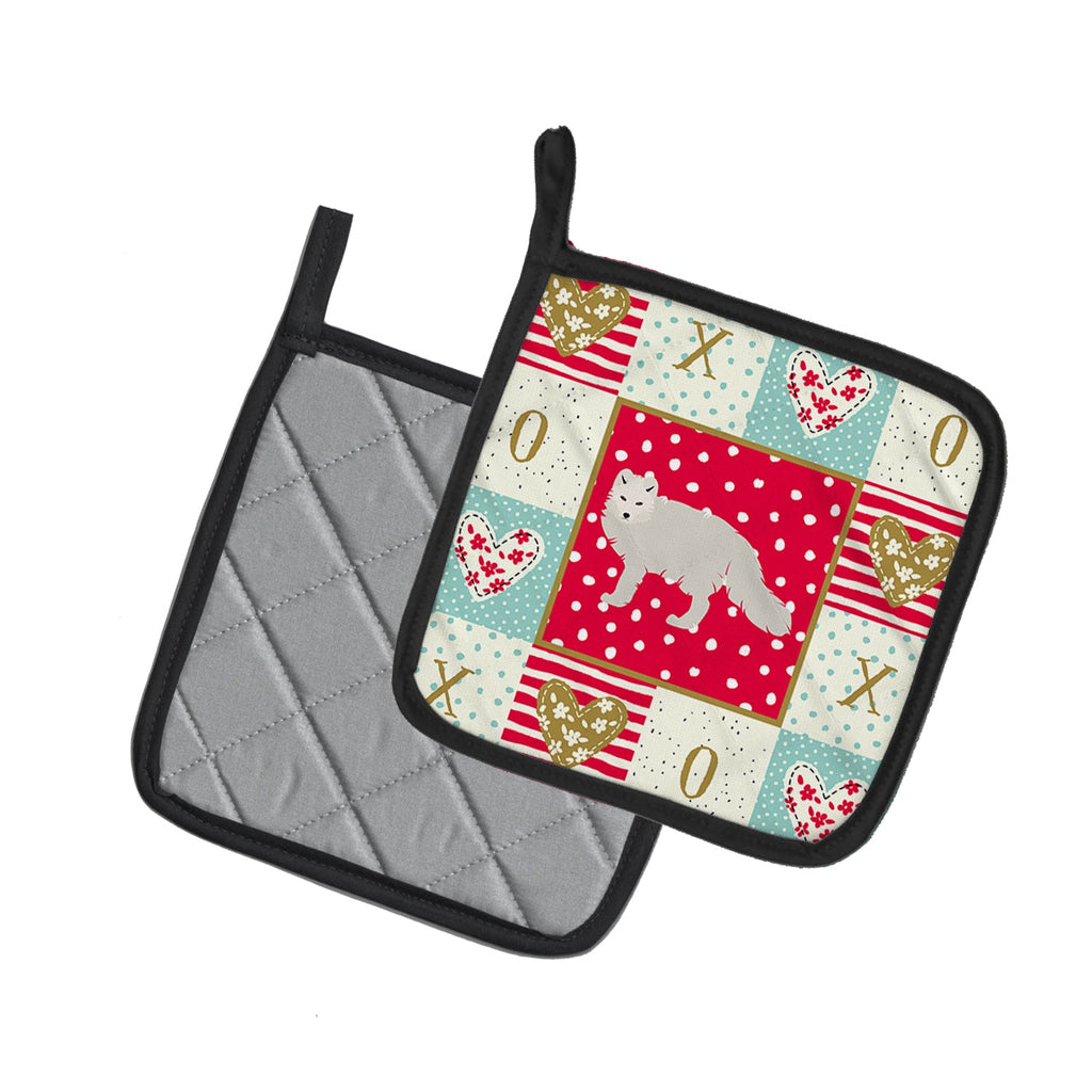 White Arctic Fox Love Pot Holder Set of 2 Heat Resistant Quilted Hot Pads 7.5 x 7.5 Inch, Insulated Kitchen Trivets for Cooking & Baking