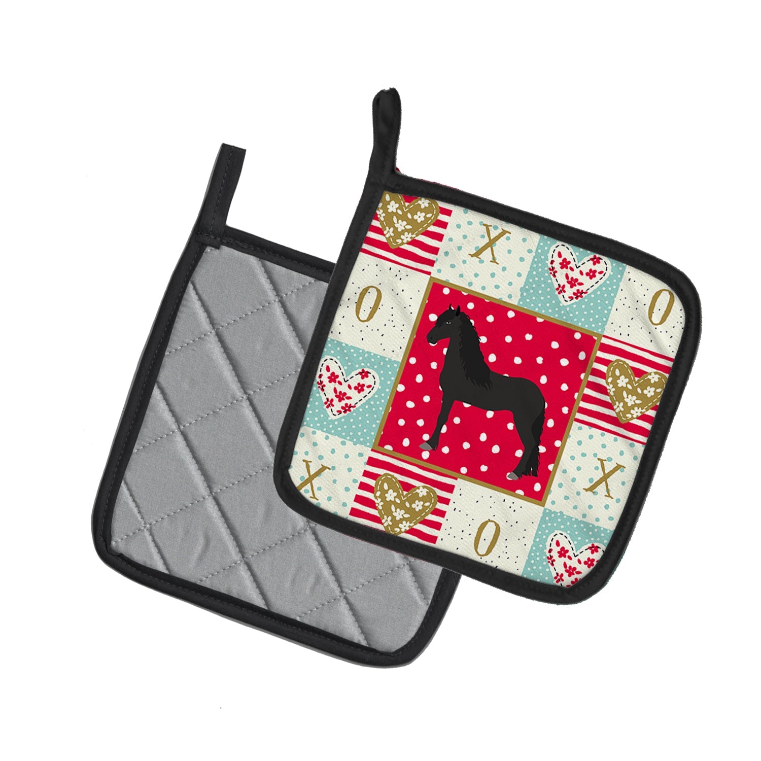 Friesian Horse Love Pot Holder Set of 2 Heat Resistant Quilted Hot Pads 7.5 x 7.5 Inch, Insulated Kitchen Trivets for Cooking & Baking