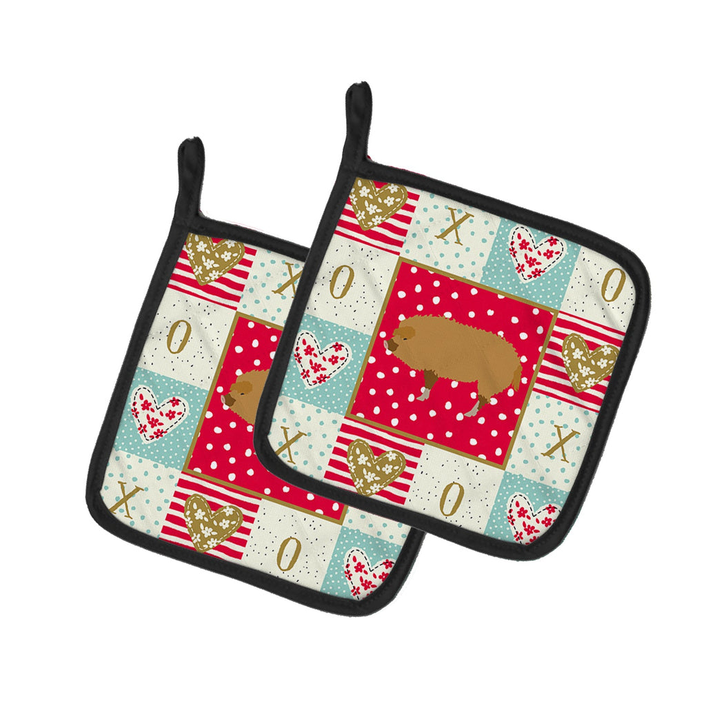 Hungarian Mangalica Pig Love Pot Holder Set of 2 Heat Resistant Quilted Hot Pads 7.5 x 7.5 Inch, Insulated Kitchen Trivets for Cooking & Baking