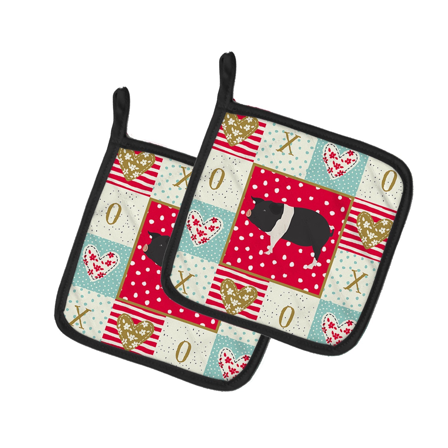 Hampshire Pig Love Pot Holder Set of 2 Heat Resistant Quilted Hot Pads 7.5 x 7.5 Inch, Insulated Kitchen Trivets for Cooking & Baking
