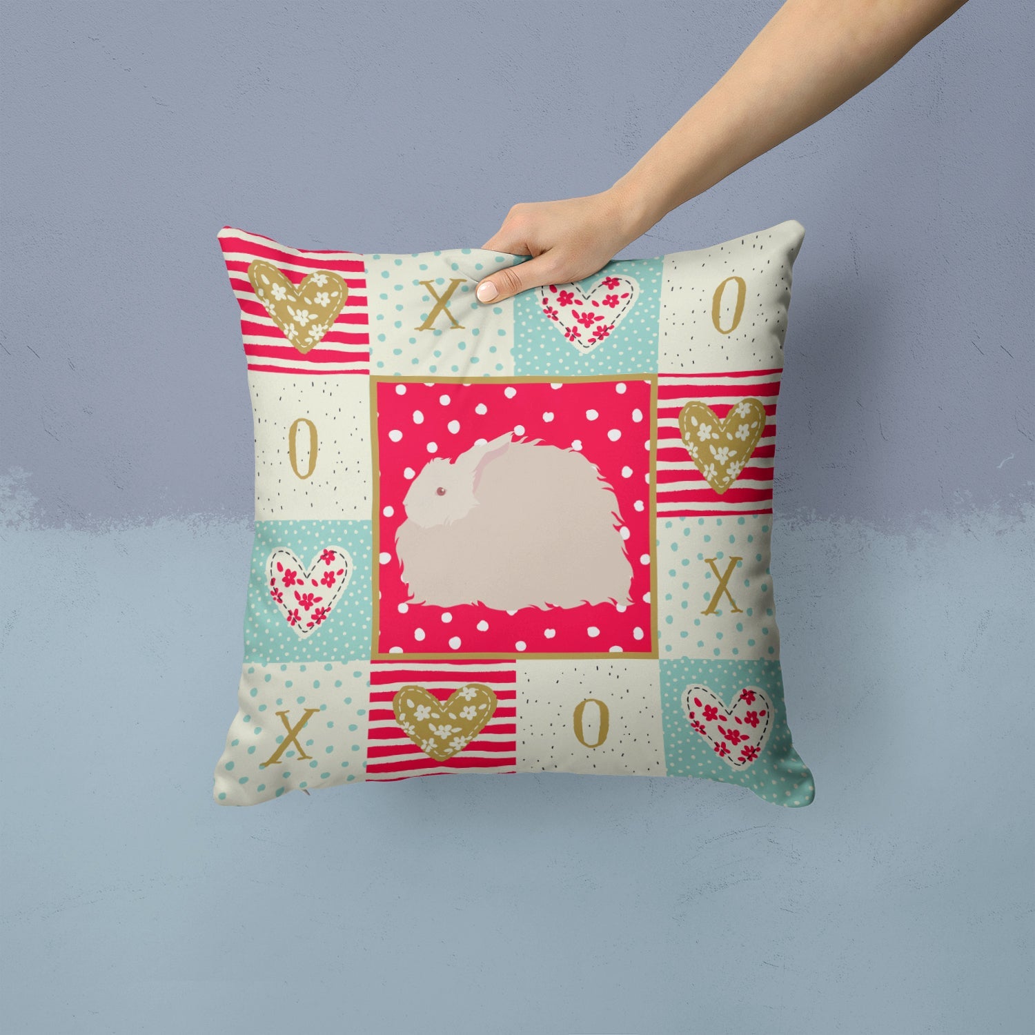 Fluffy Angora Rabbit Love Decorative Throw Pillow 14x14 Indoor Outdoor Accent Cushion, Fabric Cover with Insert for Sofa, Bed, Porch & Living Room